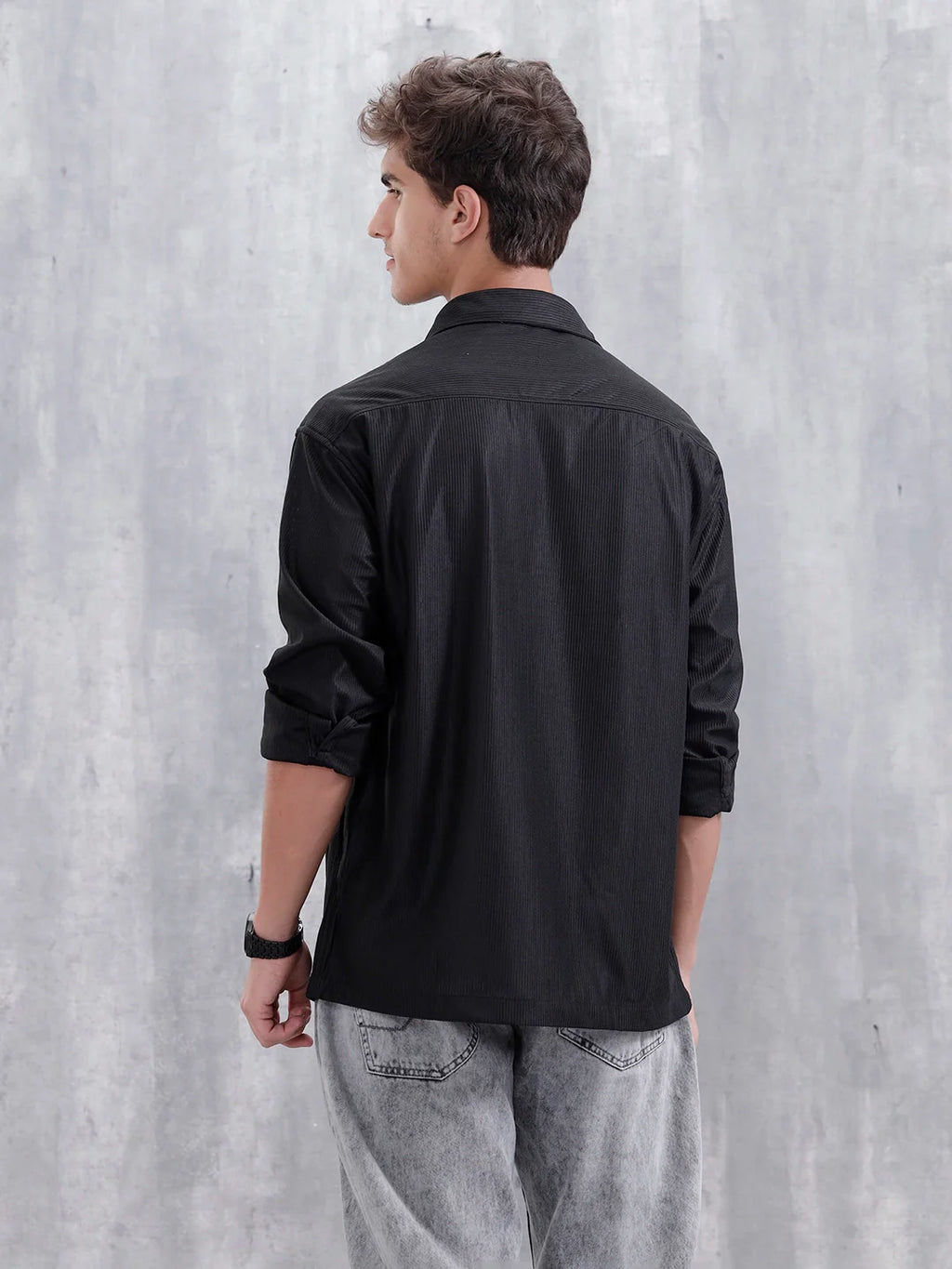 Textured Men Casual Oversized Fit Shirt | Black