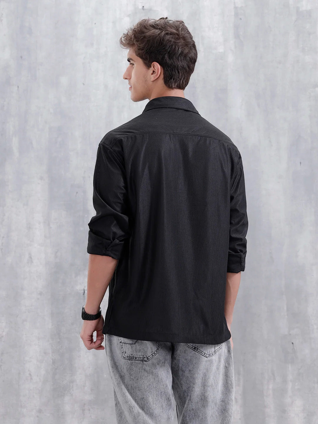 Textured Men Casual Oversized Fit Shirt | Black