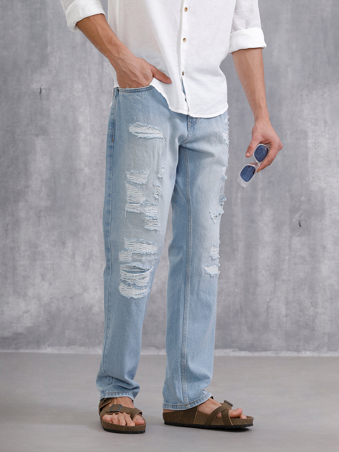 Solid Anti Fit Distressed Jeans | Light Blue
