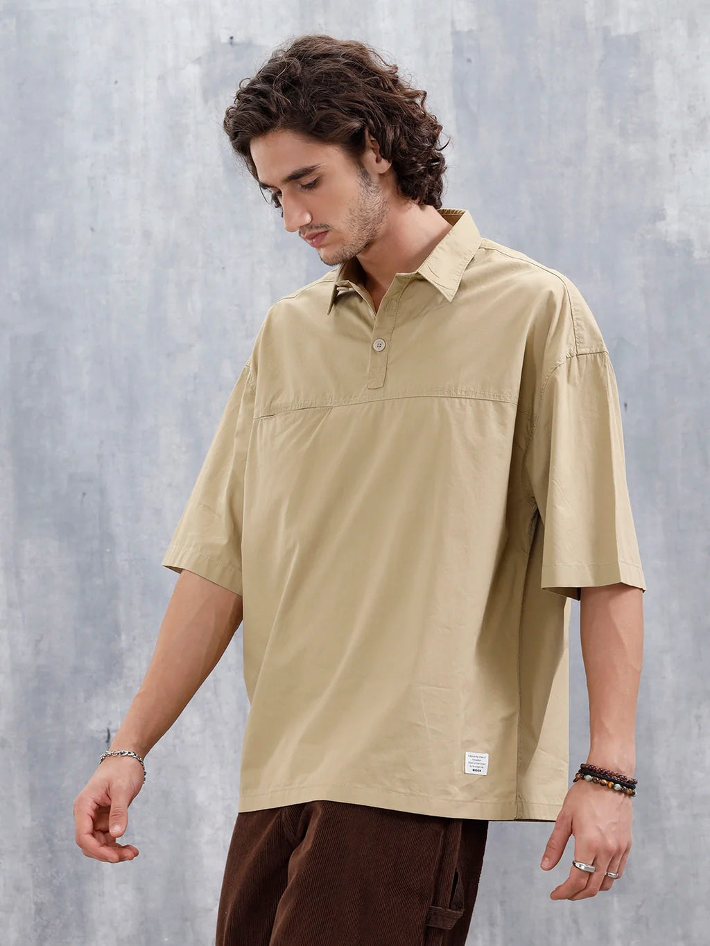 Oversized Half-Placket Shirt  | Khaki