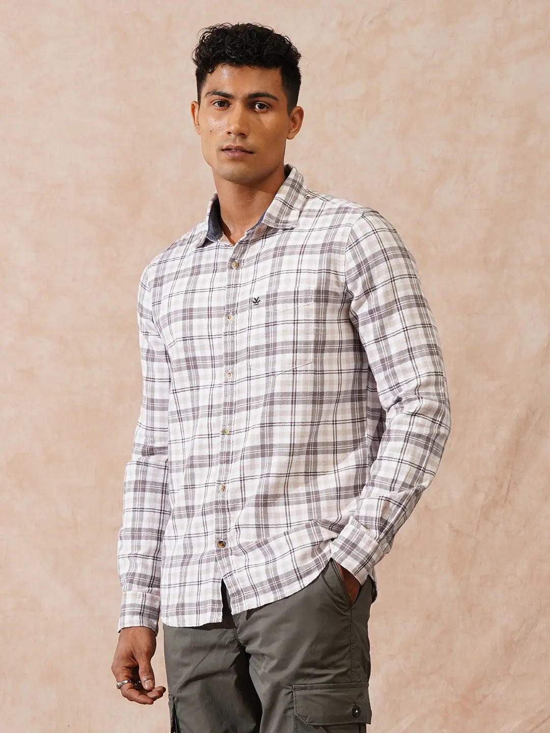 Herringbone Checks Slim Fit Shirt | Beige