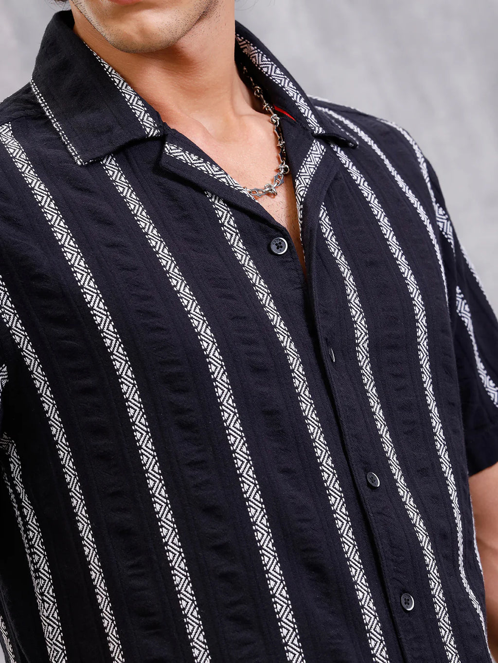 Seersucker Dobby Stripe Short Sleeve Shirt | Black