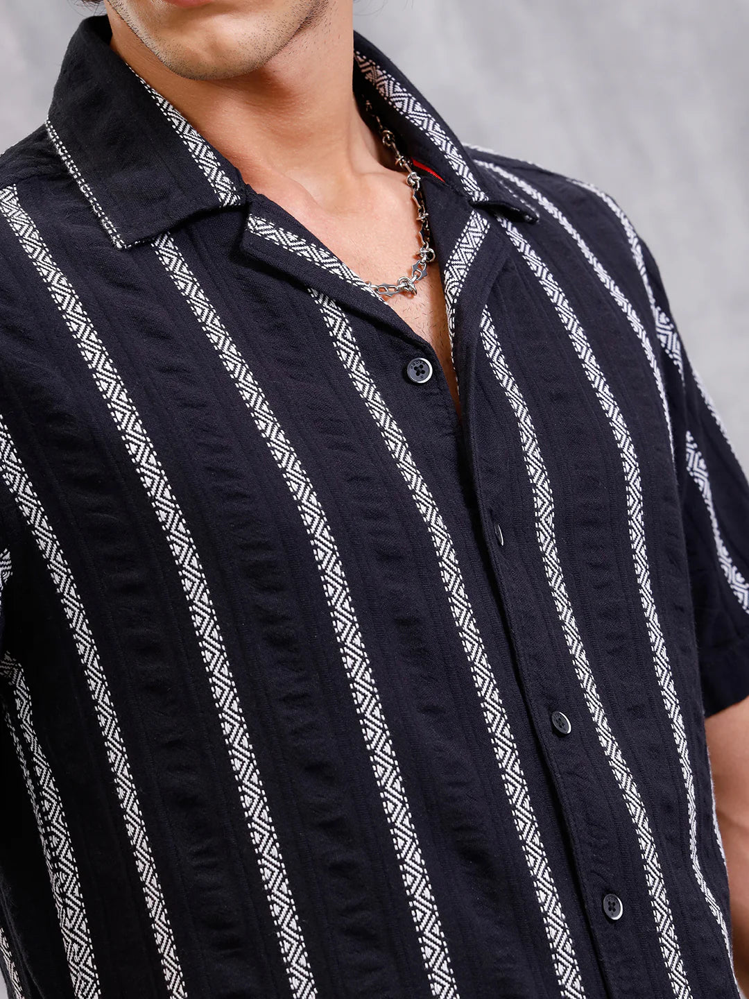 Seersucker Dobby Stripe Short Sleeve Shirt | Black