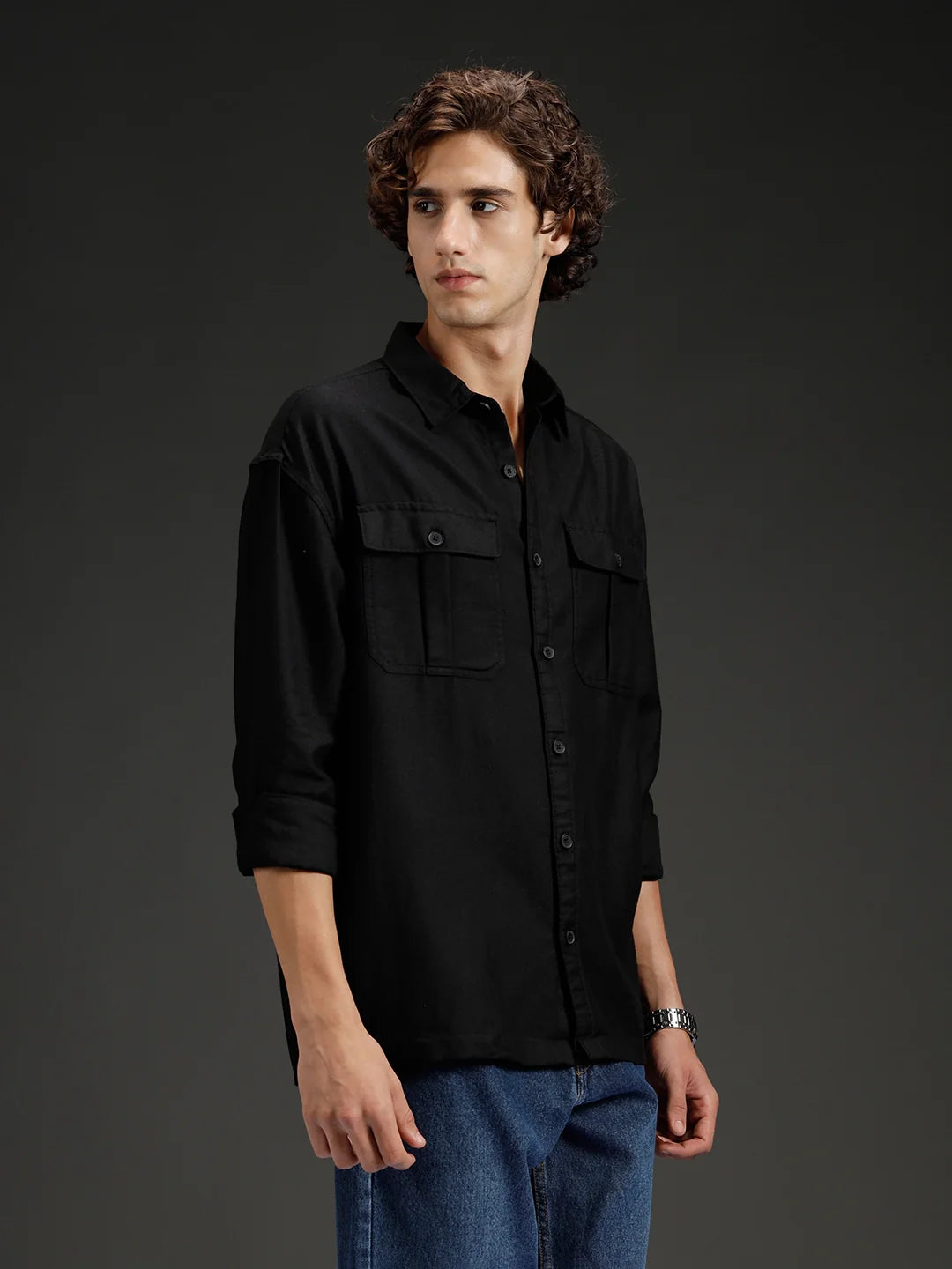 Men's casual oversized fit double pocket shirt | Black