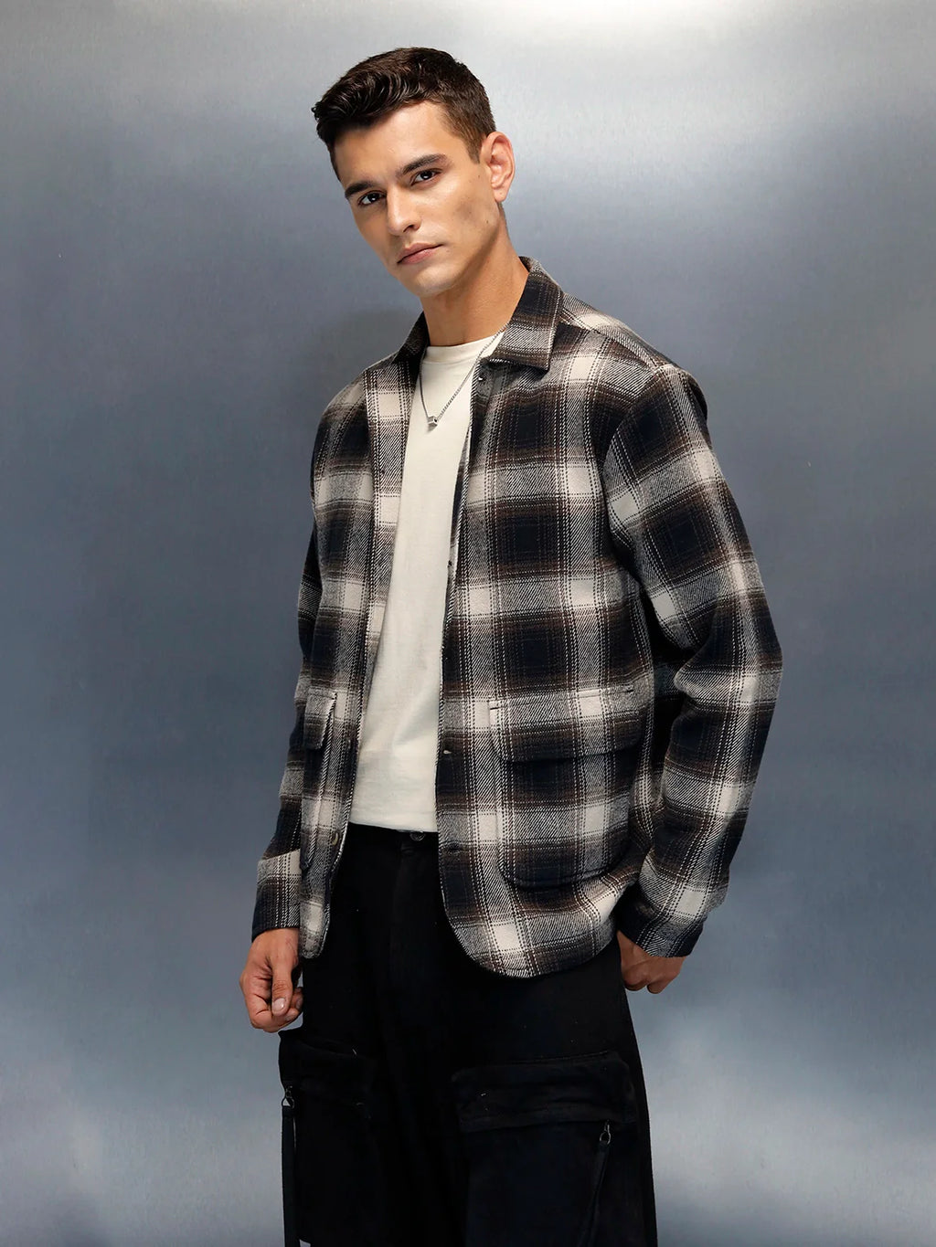 Men's Casual Regualr Fit Checkered Pattern Shacket | Black
