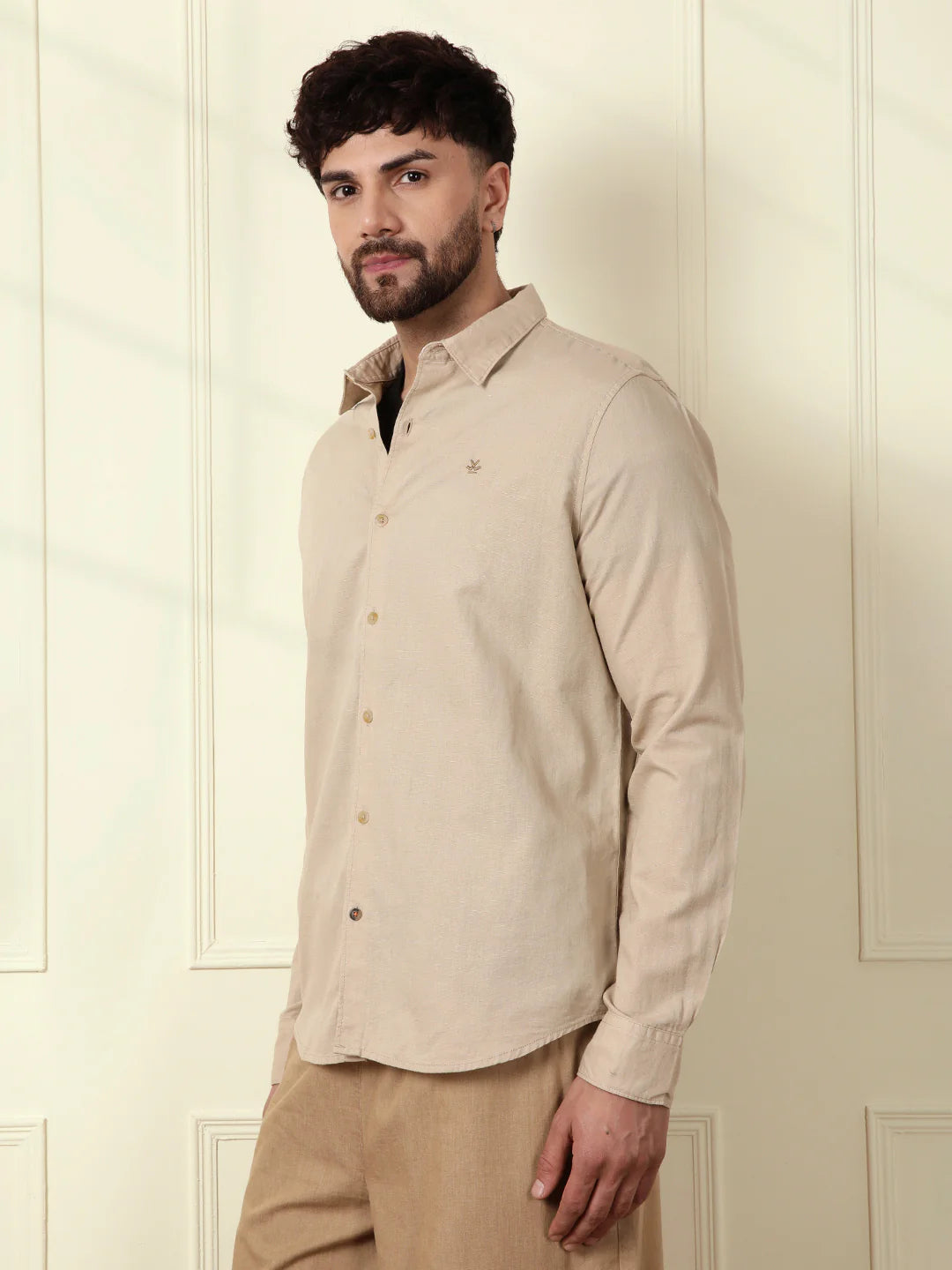Solid Linen Blend Shirt | Khaki