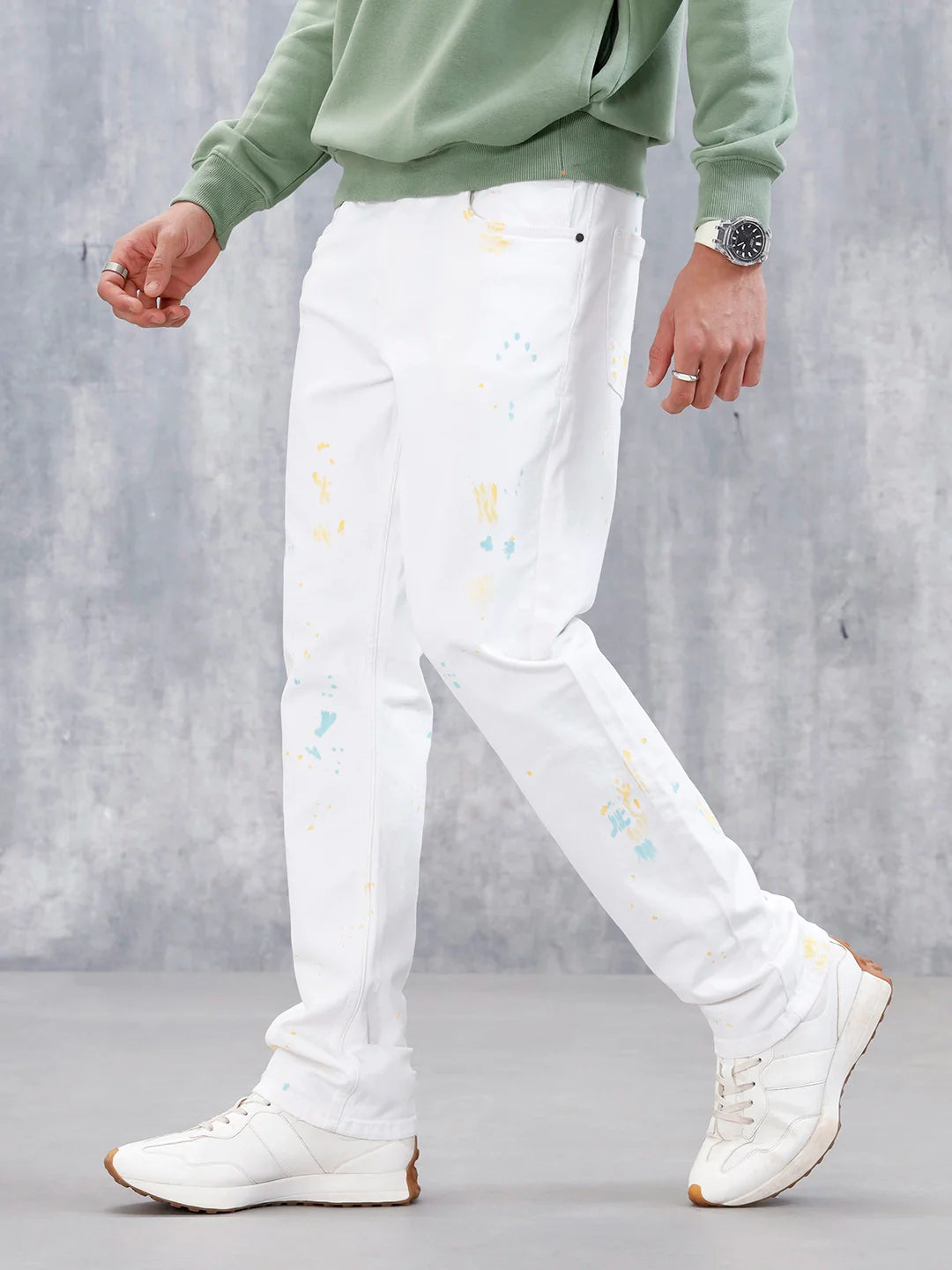 Men's Causal Straight Fit Splatter Effect Jeans | White