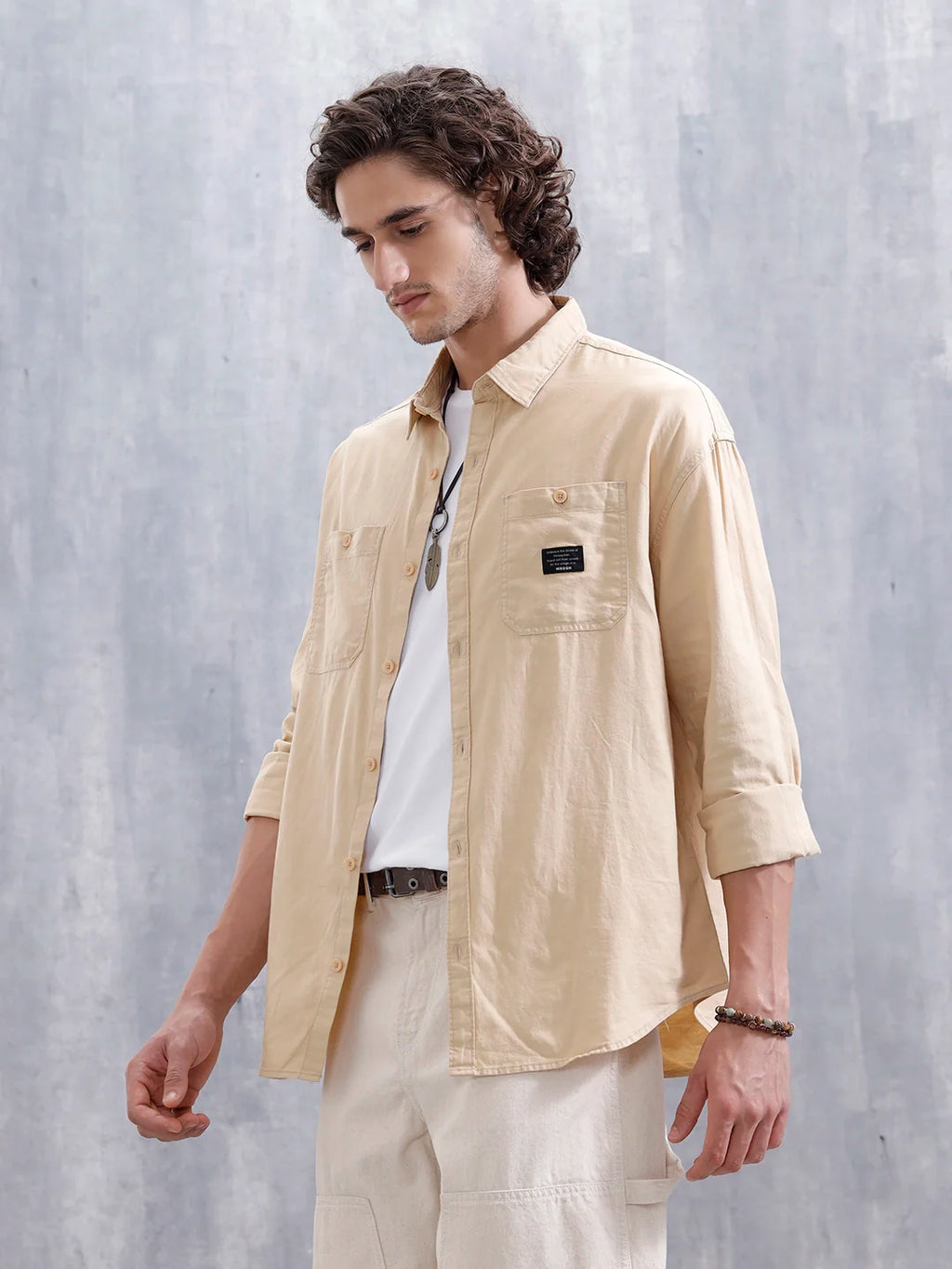 Oversized Fit Double Pocket Solid Shirt | Beige