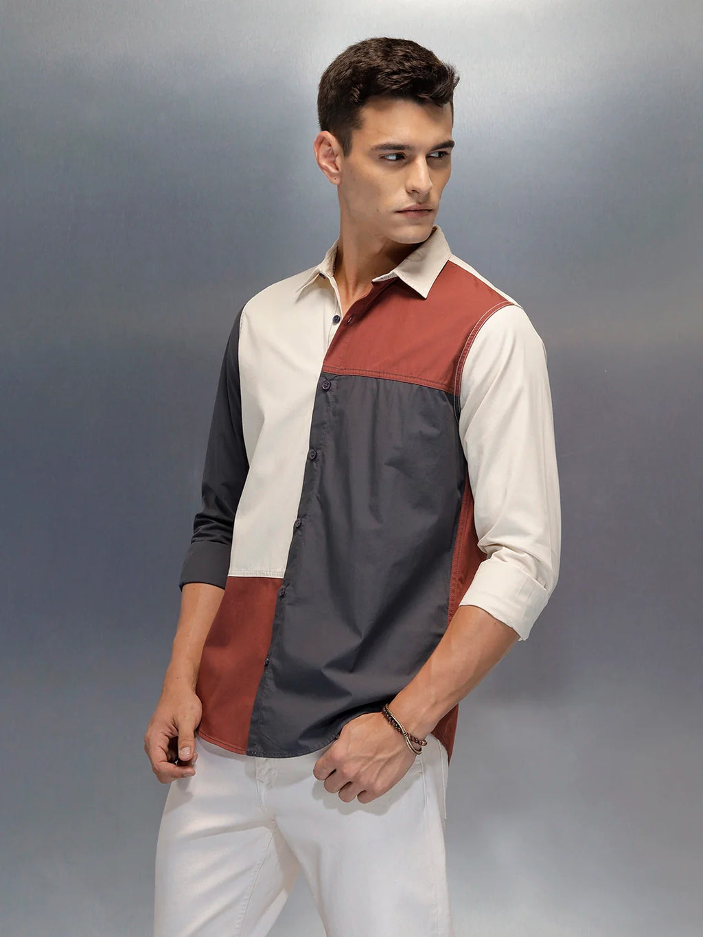 Men's Casual Regular Fit Shirt With Colourblock | Rust
