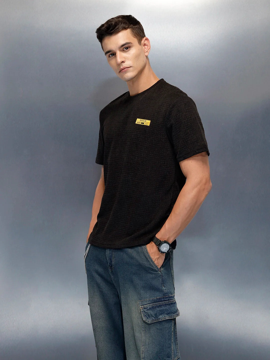 Textured Men's Casual Regualr Fit T-Shirt | Black