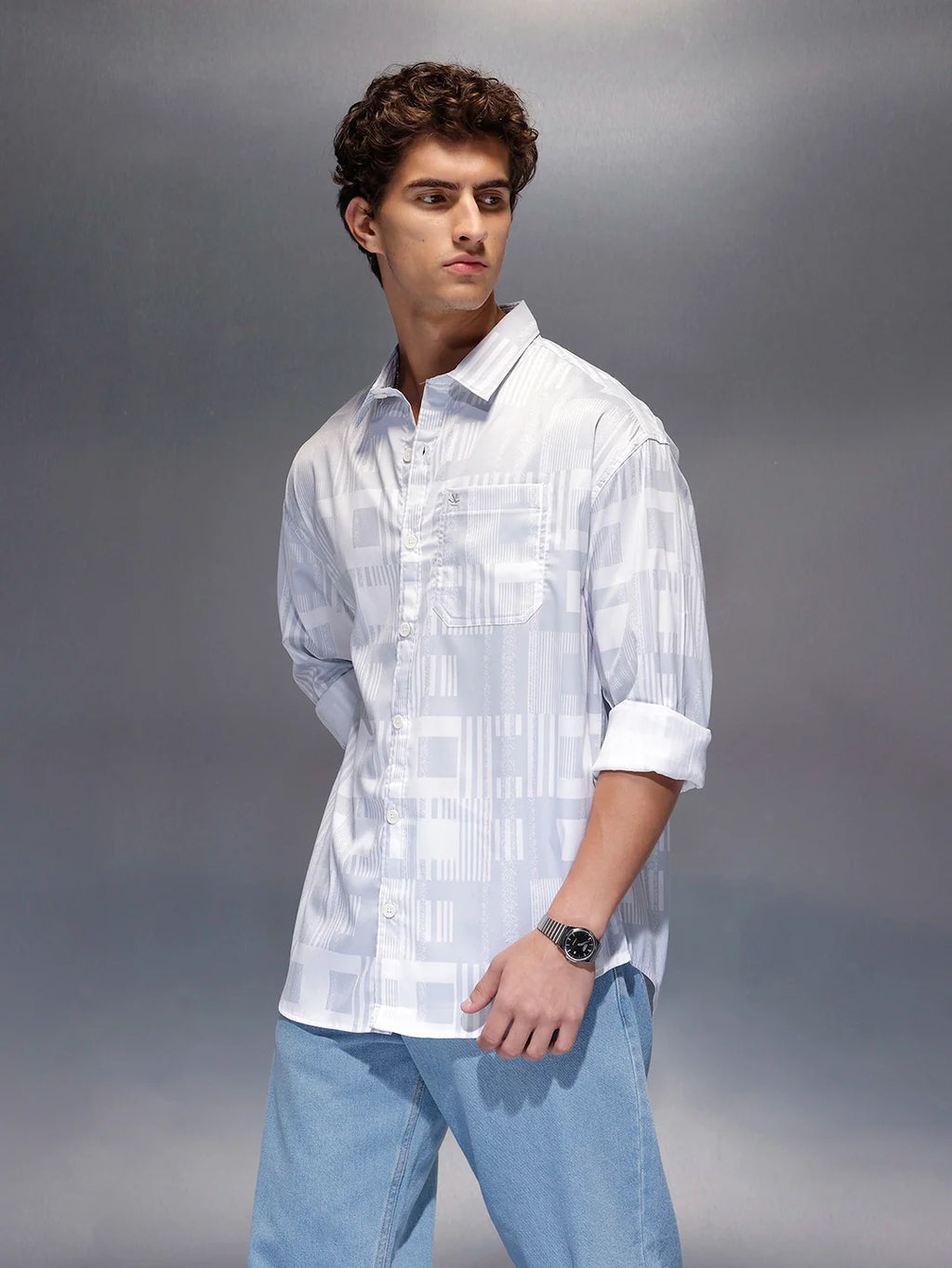 Men's Casual Oversized Abstract Printed Shirt  |  Grey