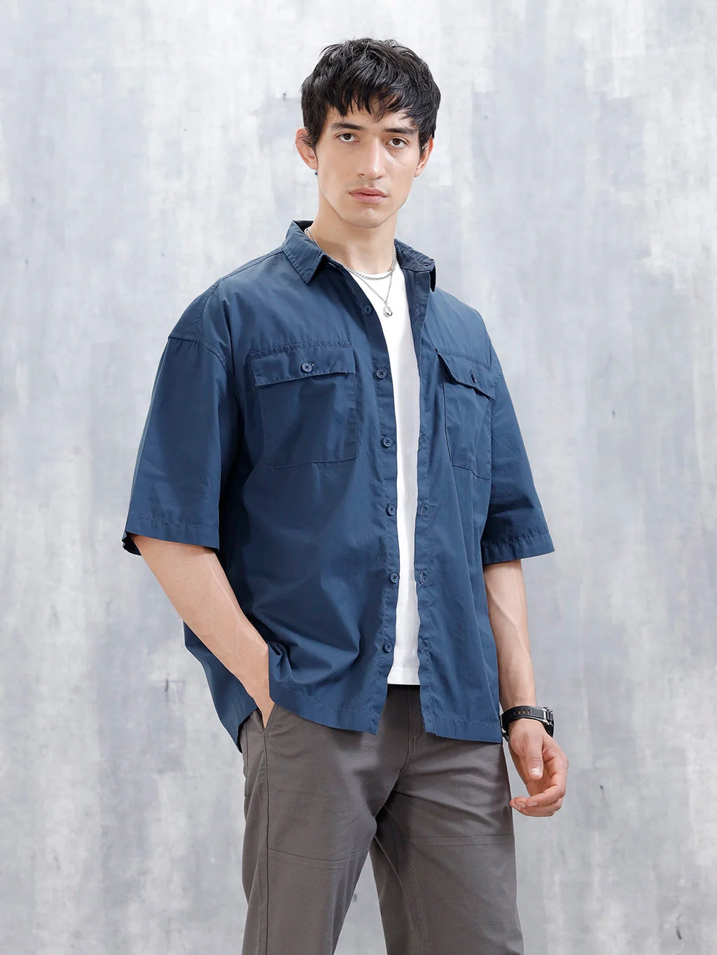 Wrogn Men's Oversized Plus Double Pocket Shirt | Blue