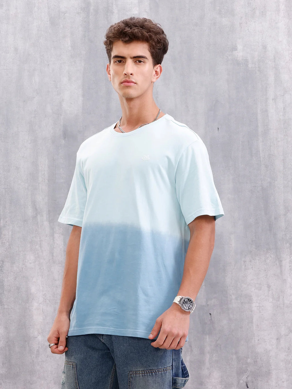 Ombre Dyed Back Graphic Puff Printed Oversized Fit T-Shirt | Light Blue
