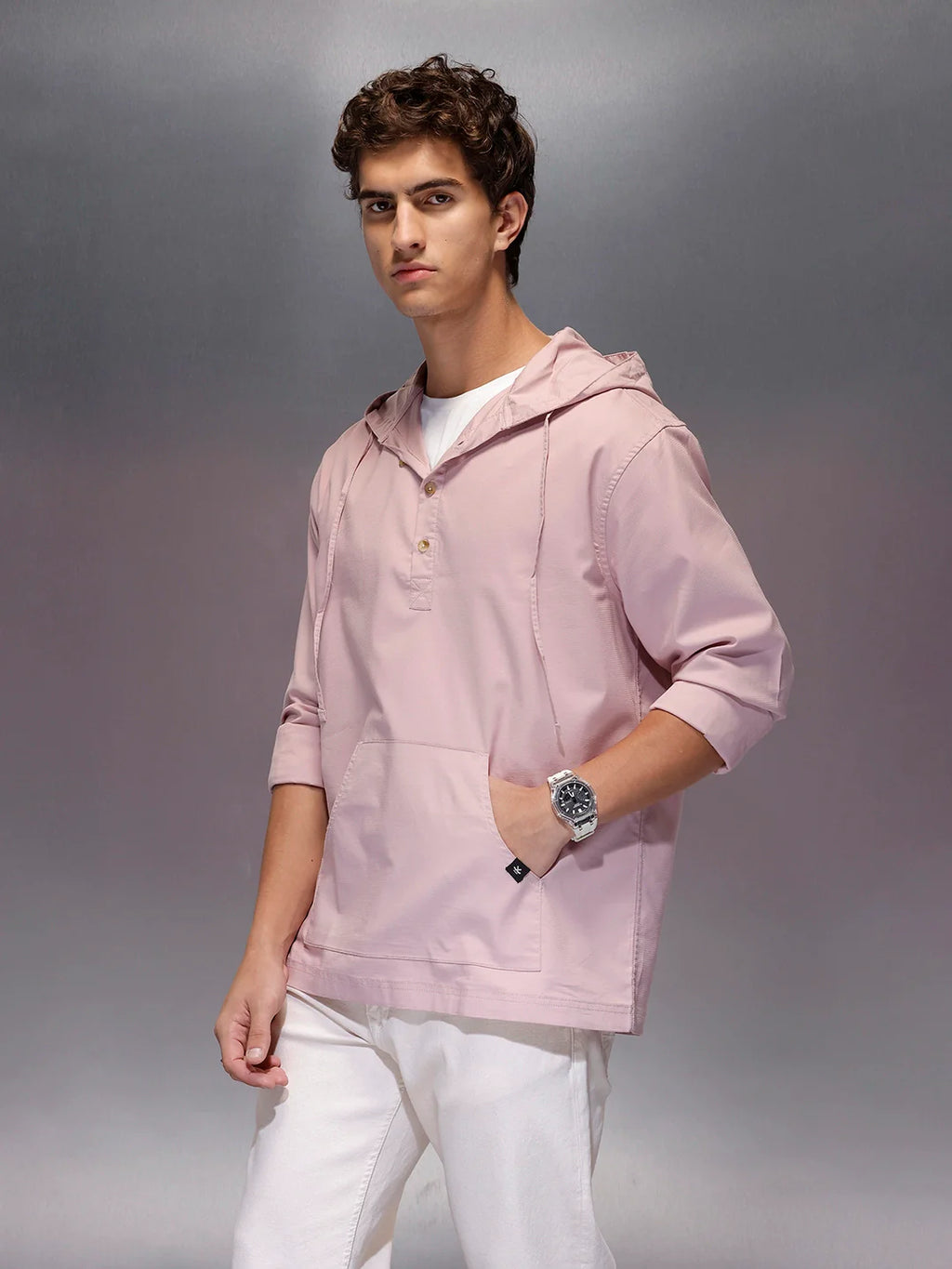 Men's Regular Fit Half Placket Hooded Shirt  |  Pink