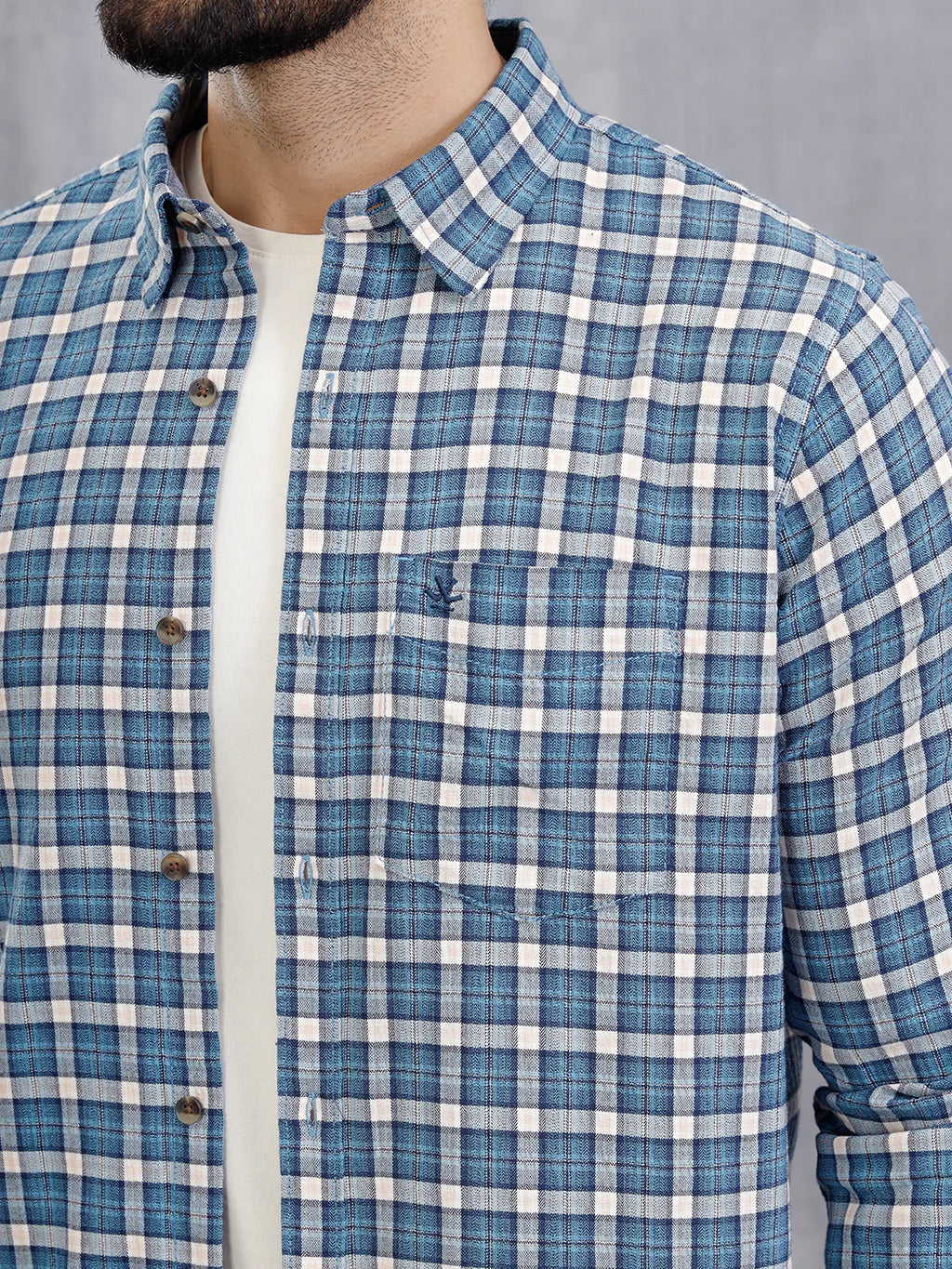 Micro Check Shirt In Seersucker Fabric | Blue