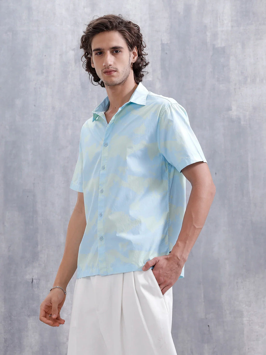 Pastel Aop Printed Comfort Fit Spread Collar Shirt | Blue