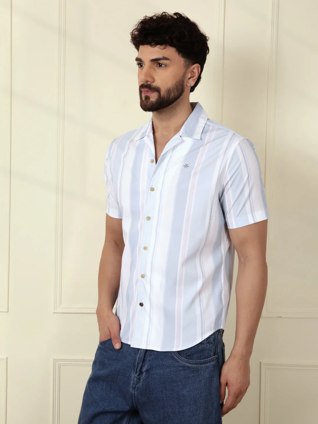 Printed Stripes Seersucker Shirt | Light Blue