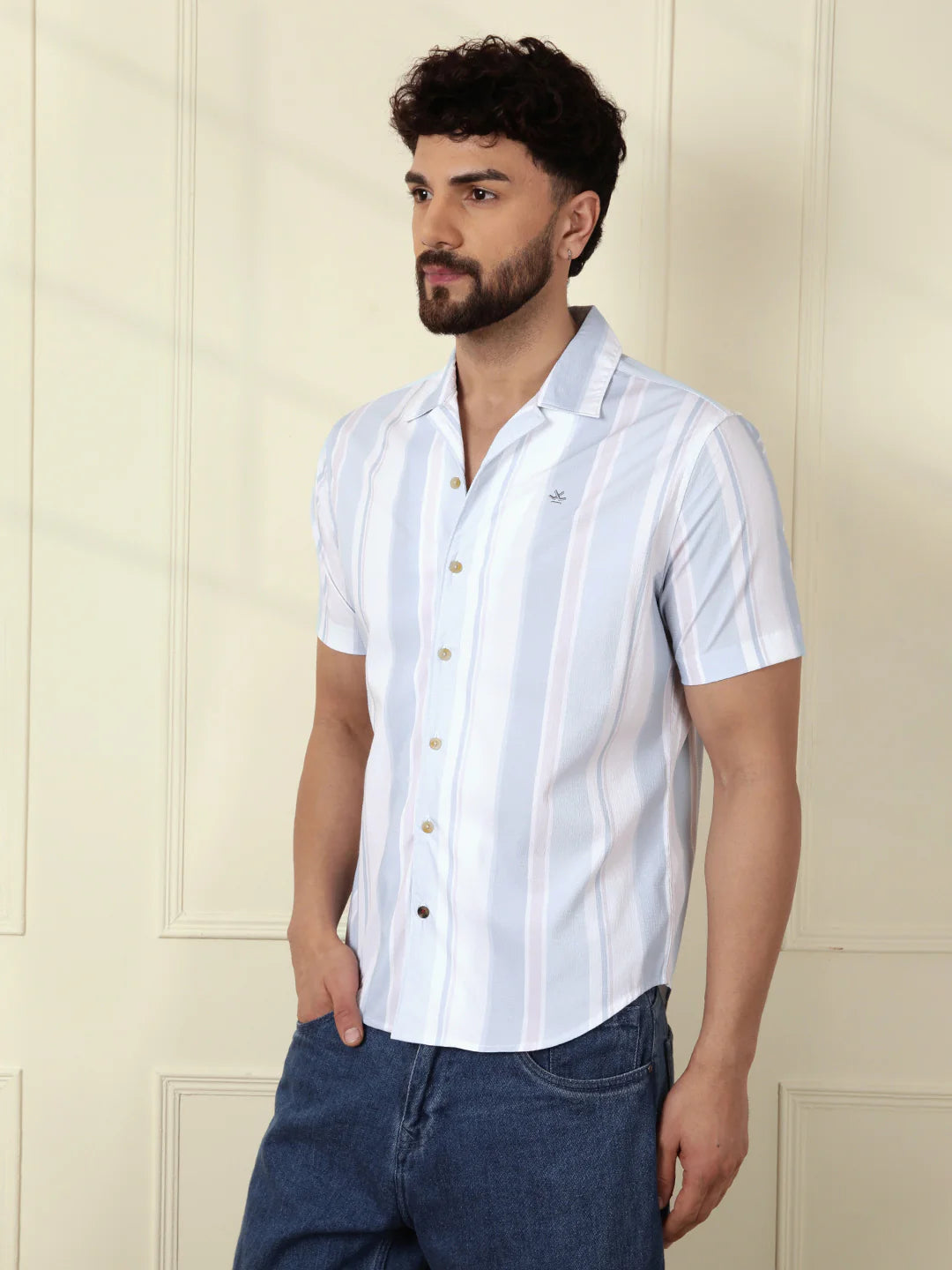 Printed Stripes Seersucker Shirt | Light Blue