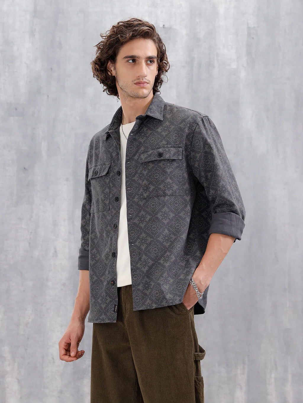 Heavy Printed Canvas Oversized Fit Overshirt | Dark Grey