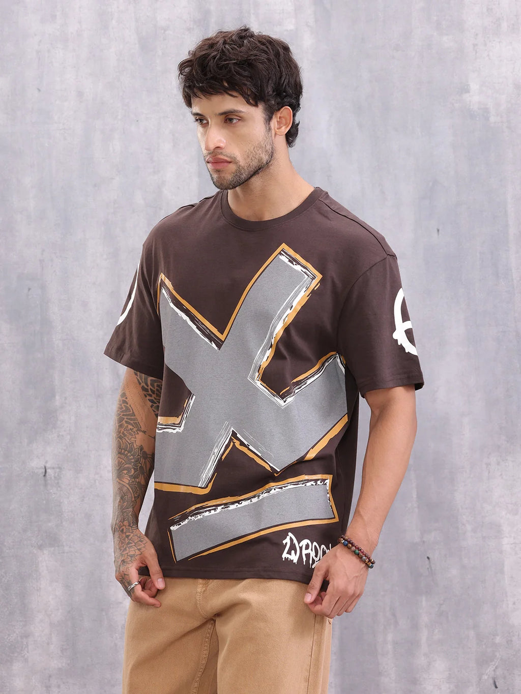 Grafitti Inspired Logo Placement Print Oversized Fit T-Shirt | Brown
