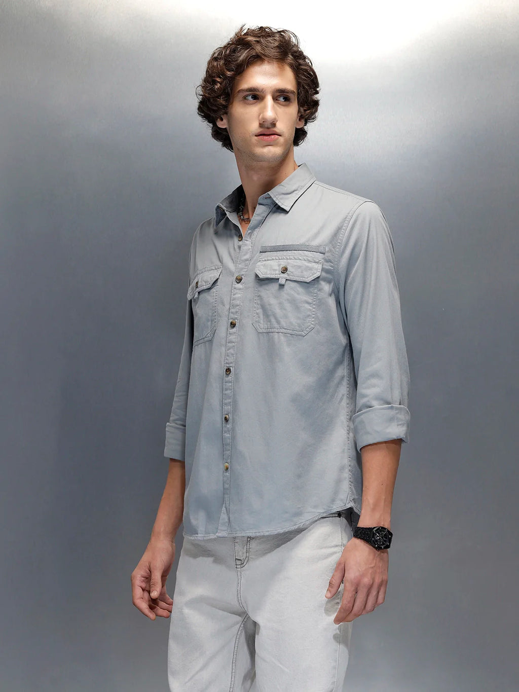 Men's casual slim fit double pocket shirt | Grey