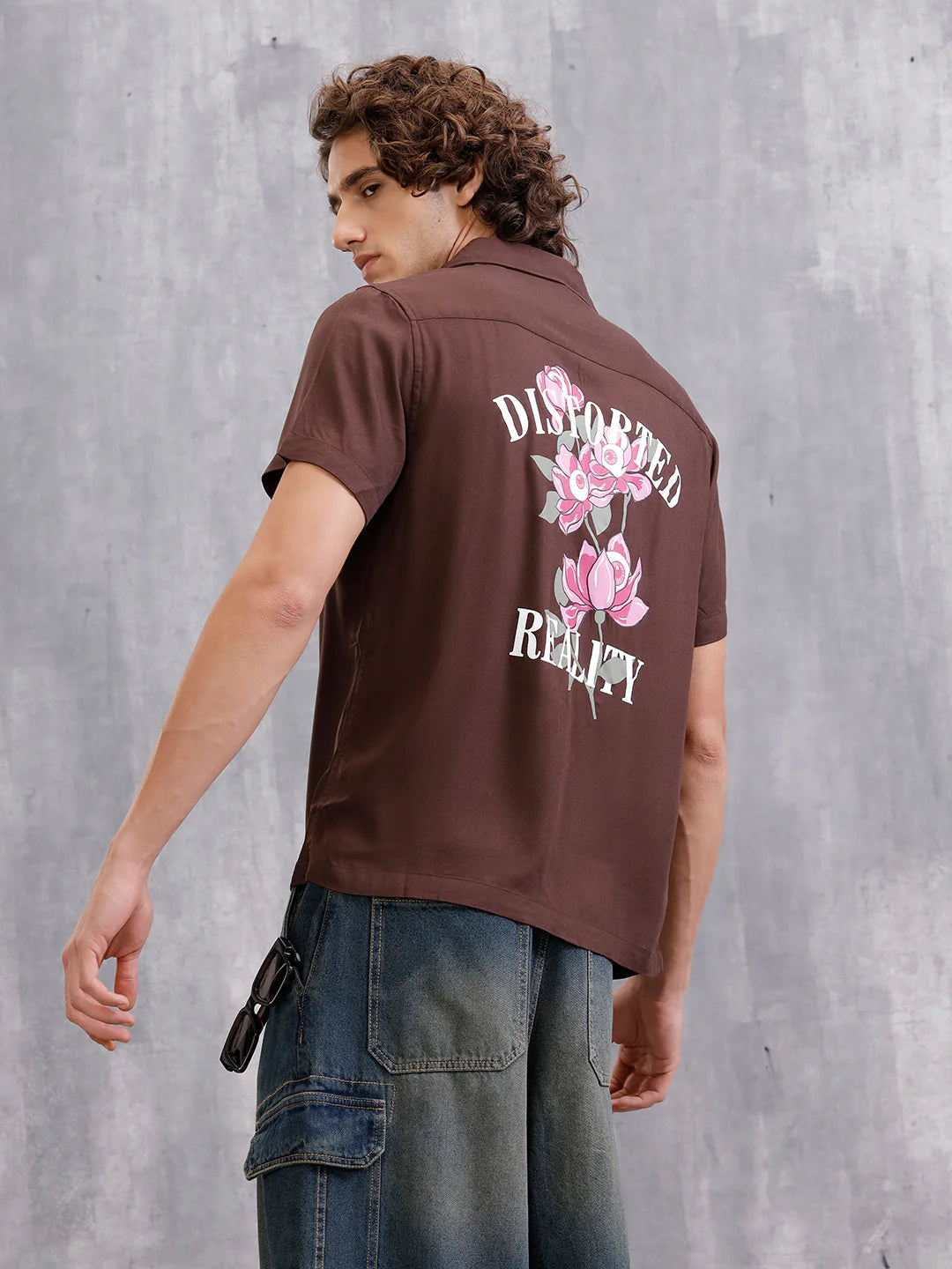 Fluid Resort Collar Shirt With Surreal Back Print | Brown