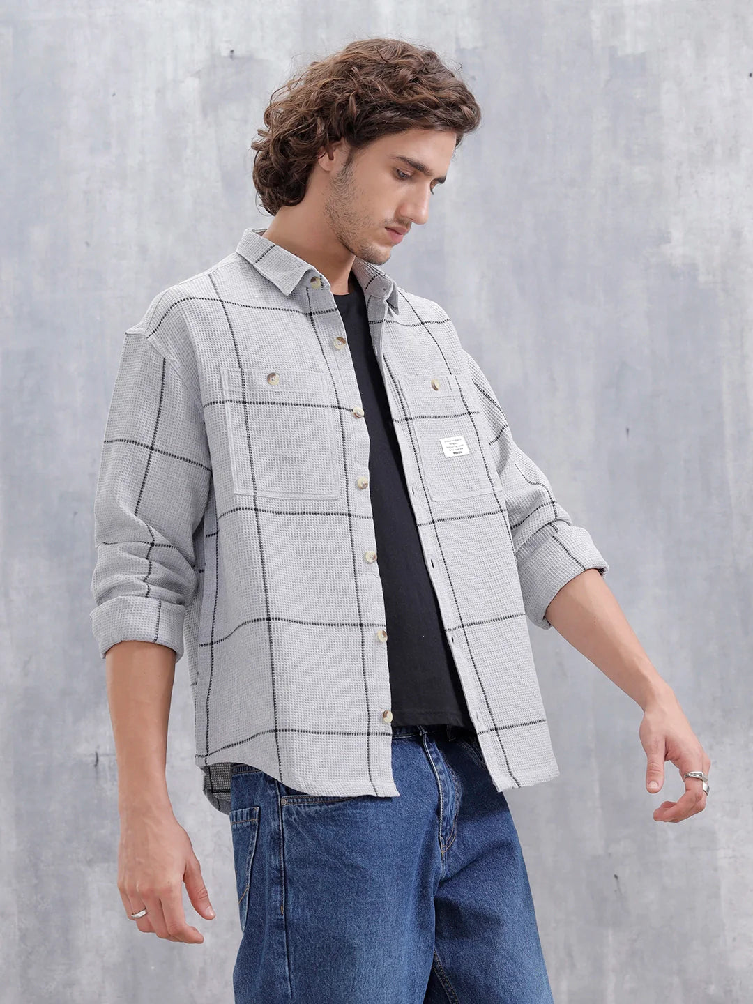 Men Checkered Pattern Oversized Fit Shirt | Grey