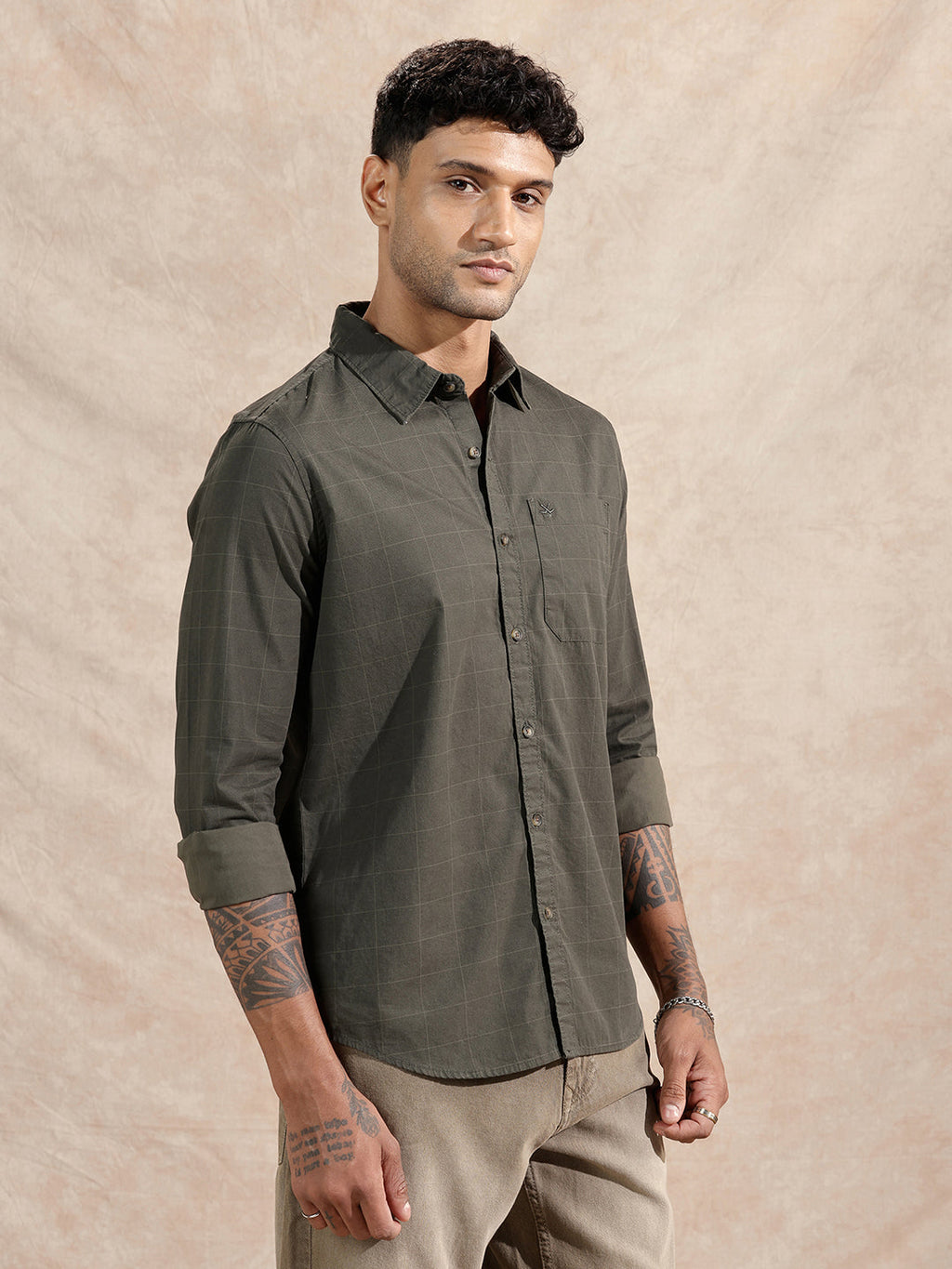 Printed Checked Shirt | Dark Green