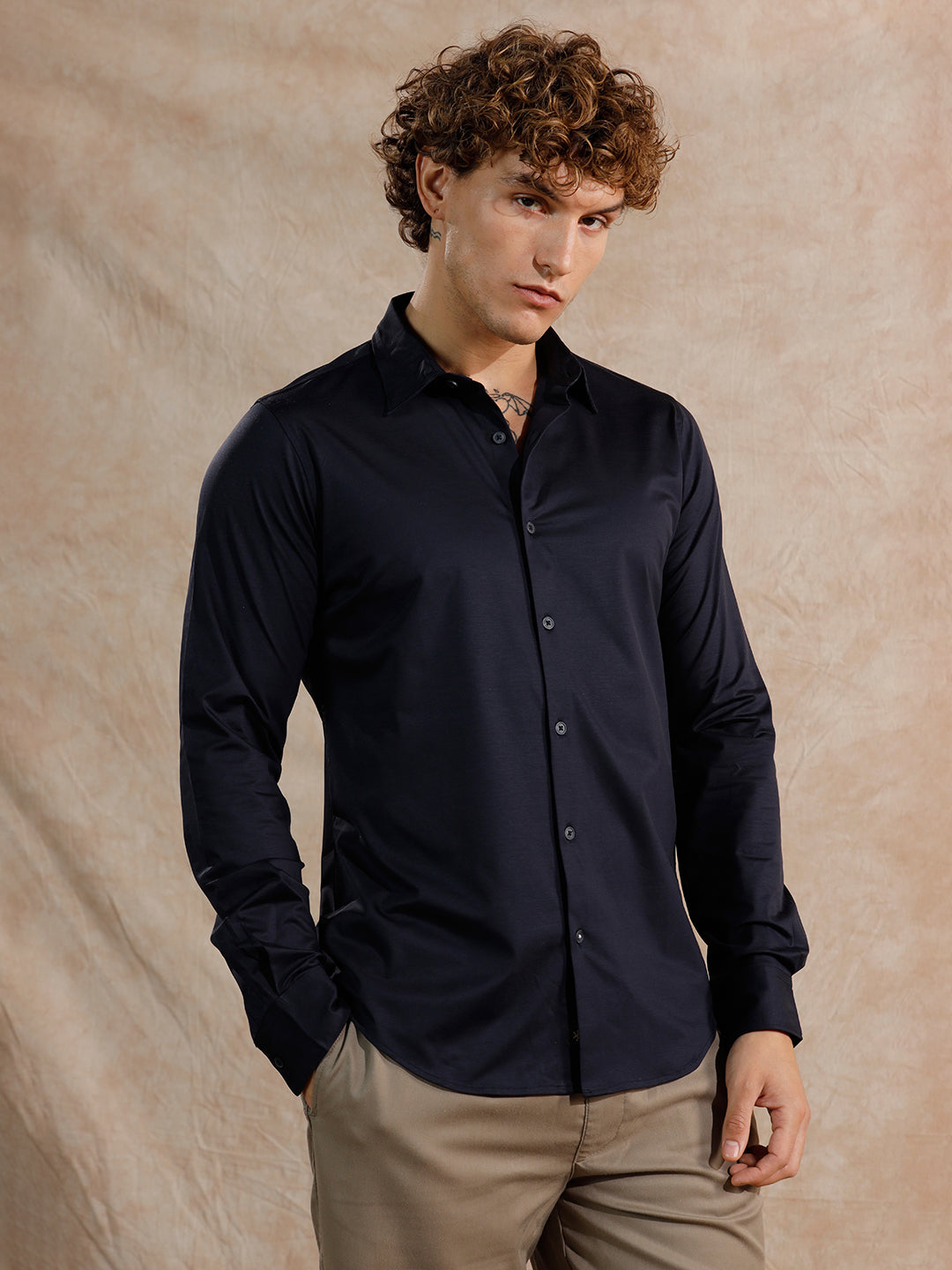 Solid Stretch Slim Fit Shirt | Navy Blue