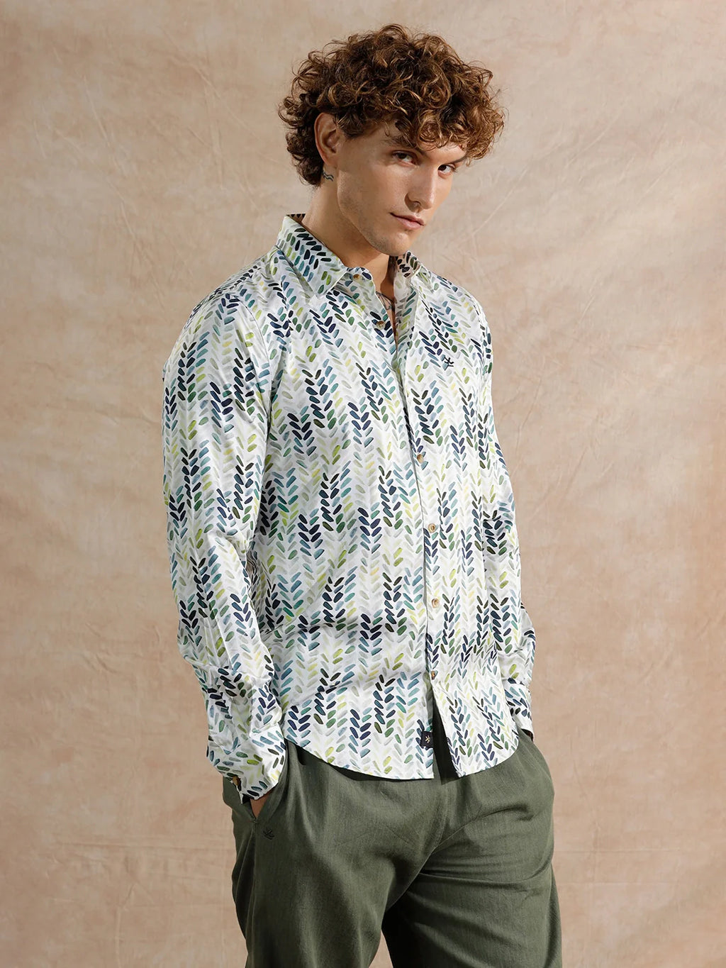 Printed Satin Slim Fit Shirt | White