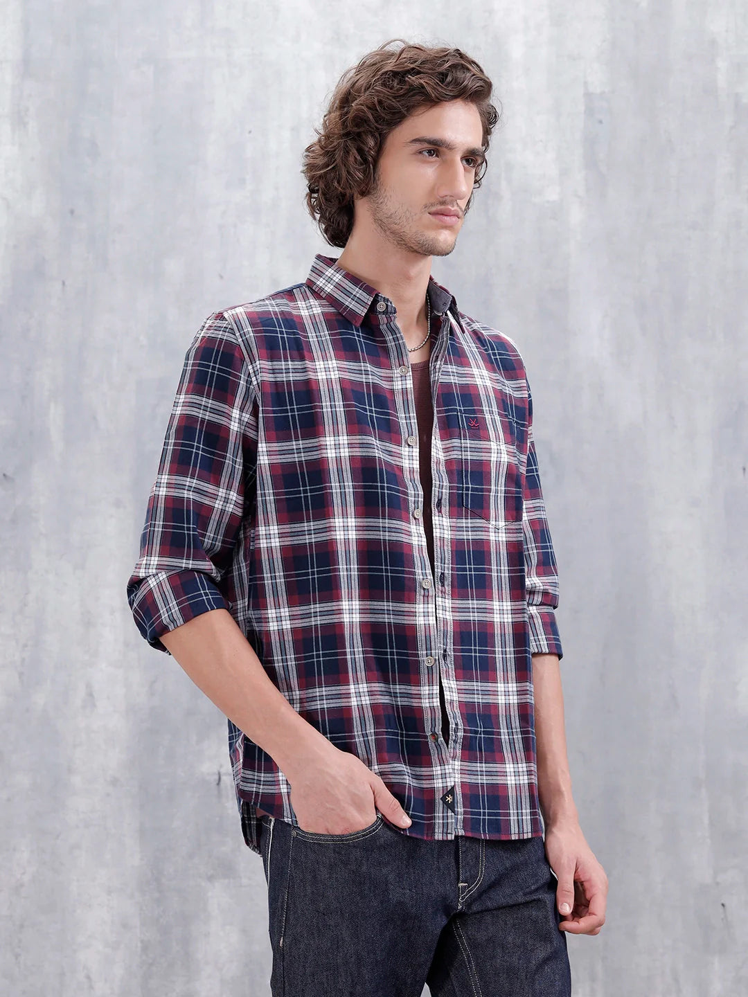 Slim Fit Cotton Indigo Twill Check Shirt | Maroon