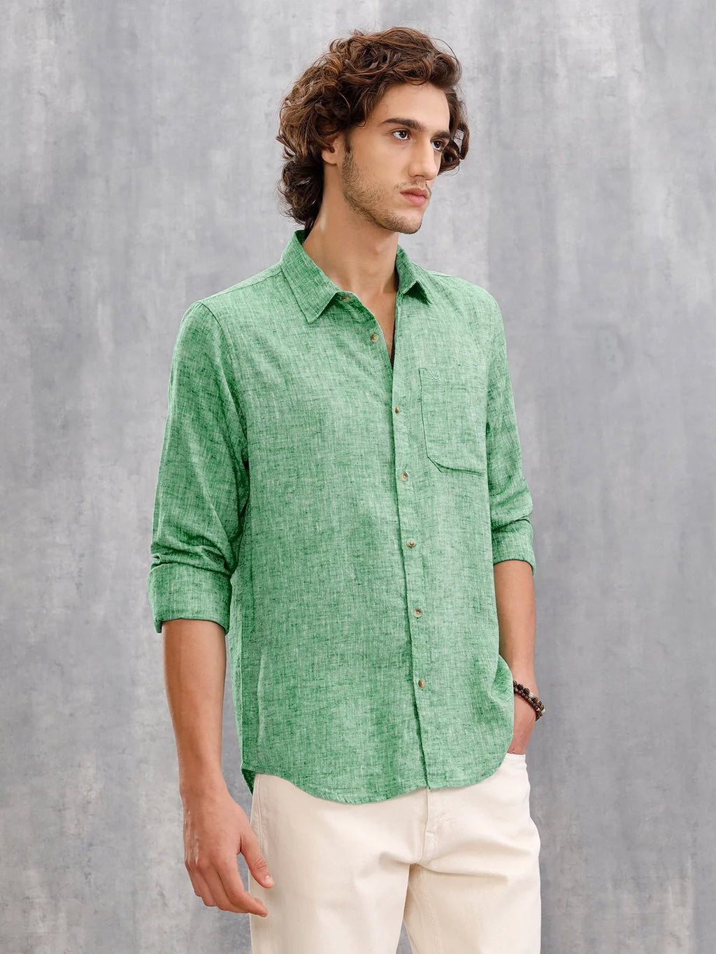 Melange Look 100%Cotton Regular Fit Shirt | Green