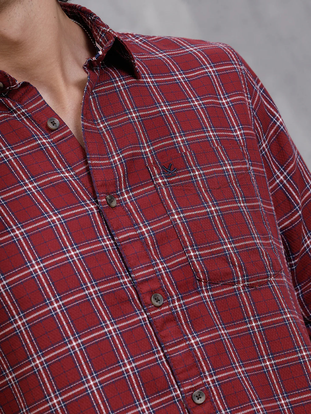 Textured Cotton Dobby Check Shirt | Red