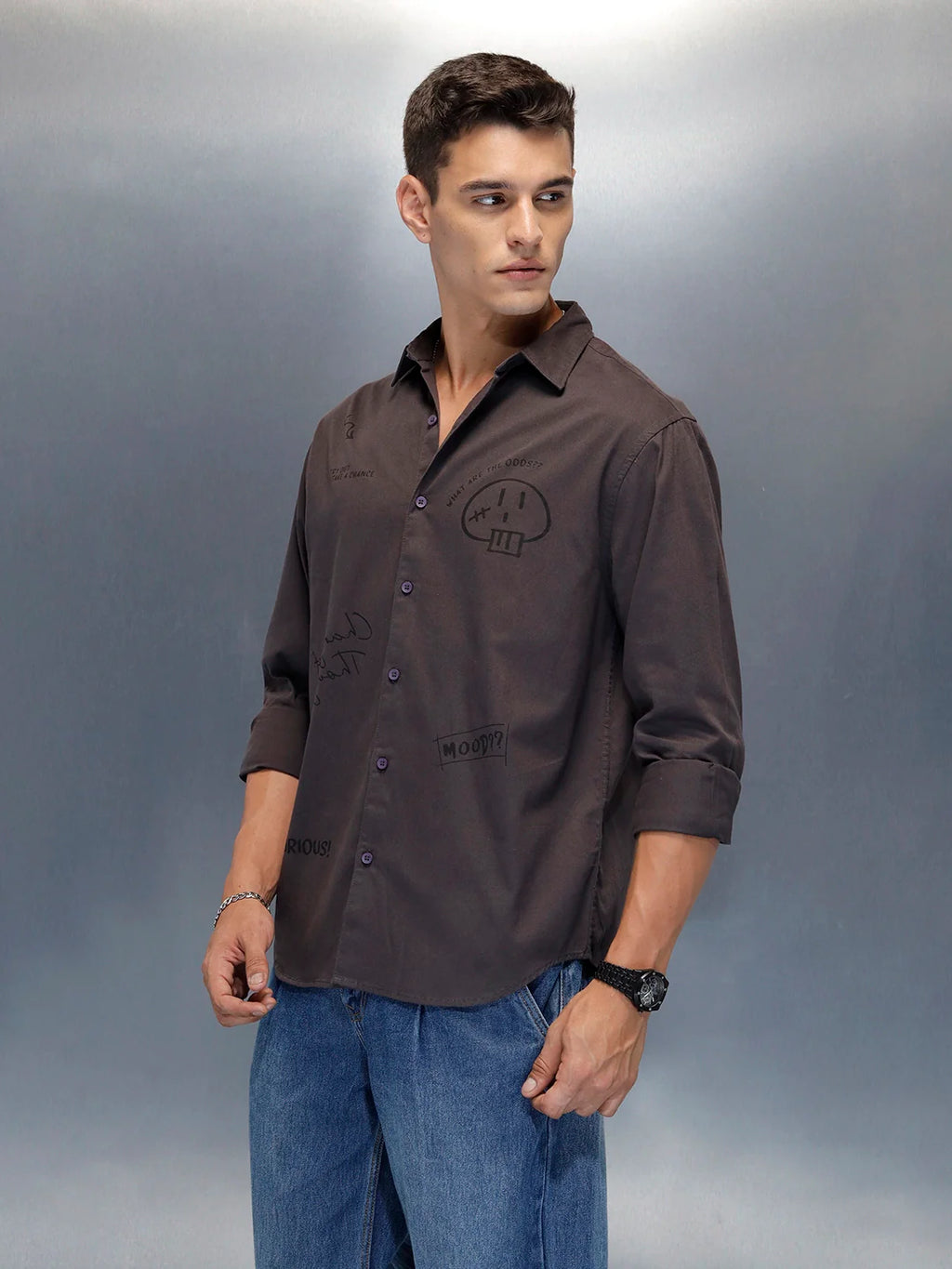 Men's Casual Regualr Fit Shirt With Placement Print | Dark Grey