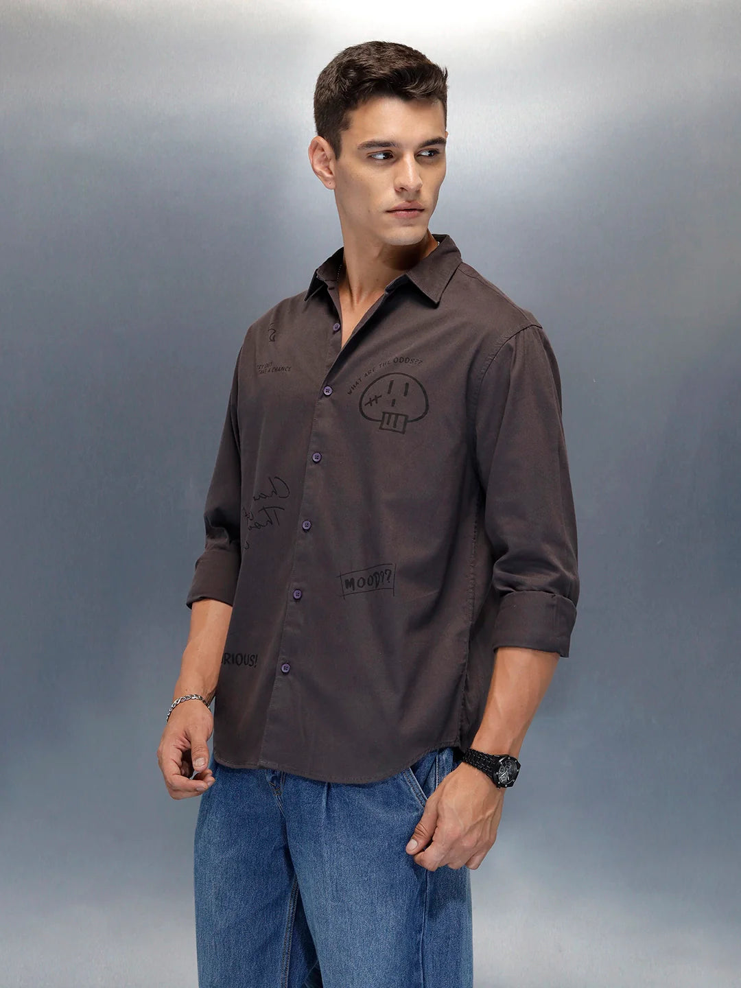 Men's Casual Regualr Fit Shirt With Placement Print | Dark Grey