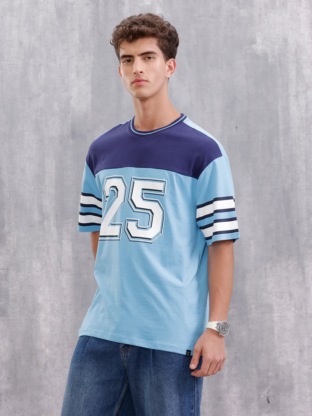 Men’s Colorblock Varsity Graphic Oversized Fit T-Shirt | Blue