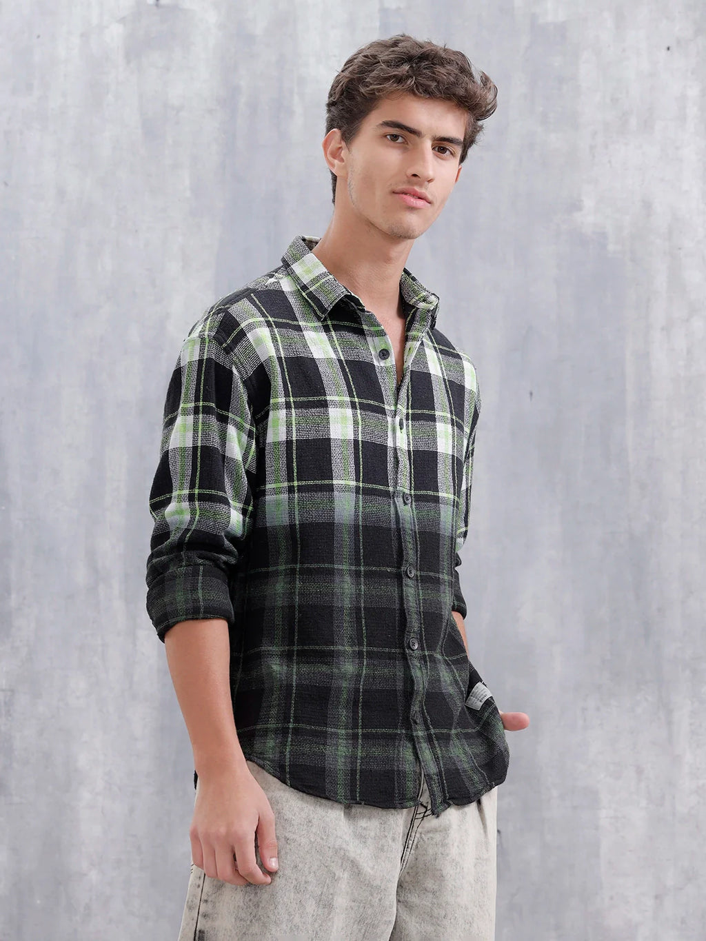 Men Checkered Pattern Oversized Fit Shirt | Black
