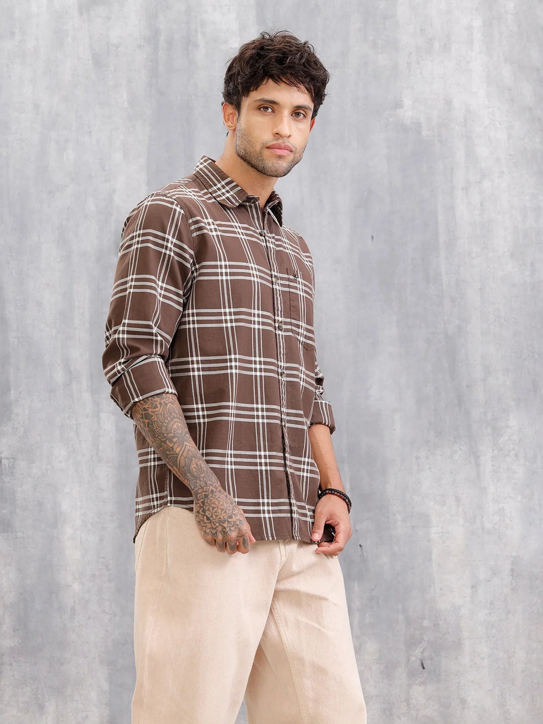 Slim Fit Cotton Twill Checks I Dk. Brown
