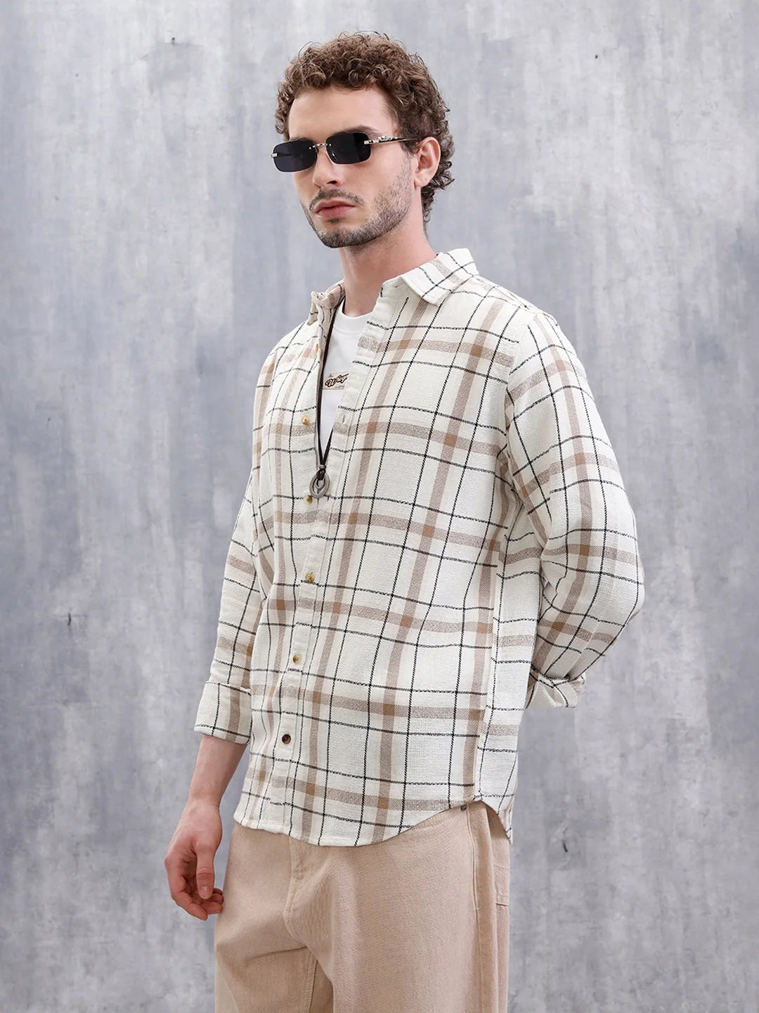 Textured Checks Slim Fit Shirt  | Khaki