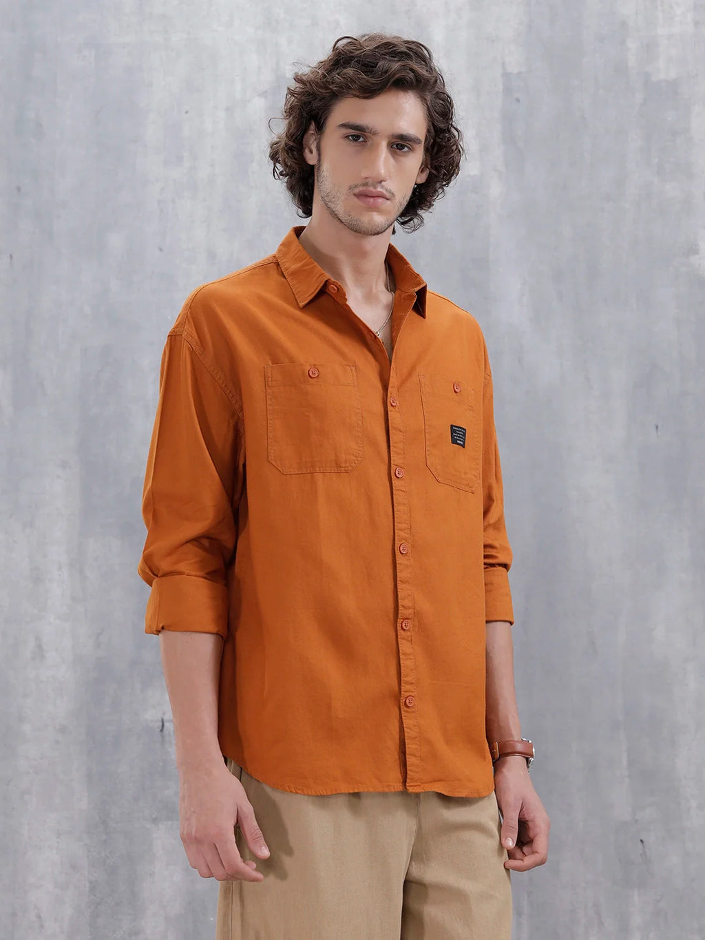 Men's Casual Solid Double Pocket Oversized Fit Shirt | Orange