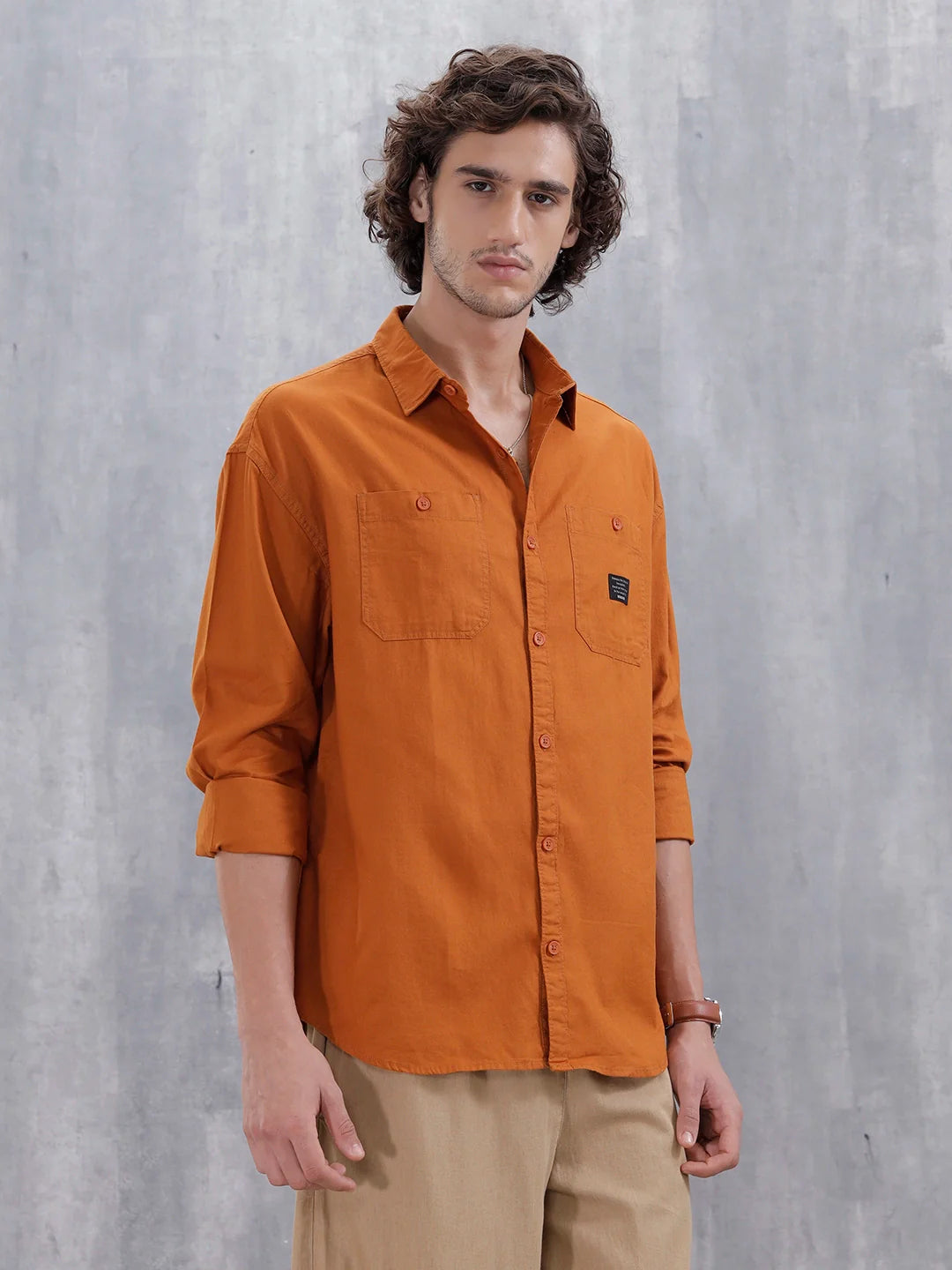 Men's Casual Solid Double Pocket Oversized Fit Shirt | Orange