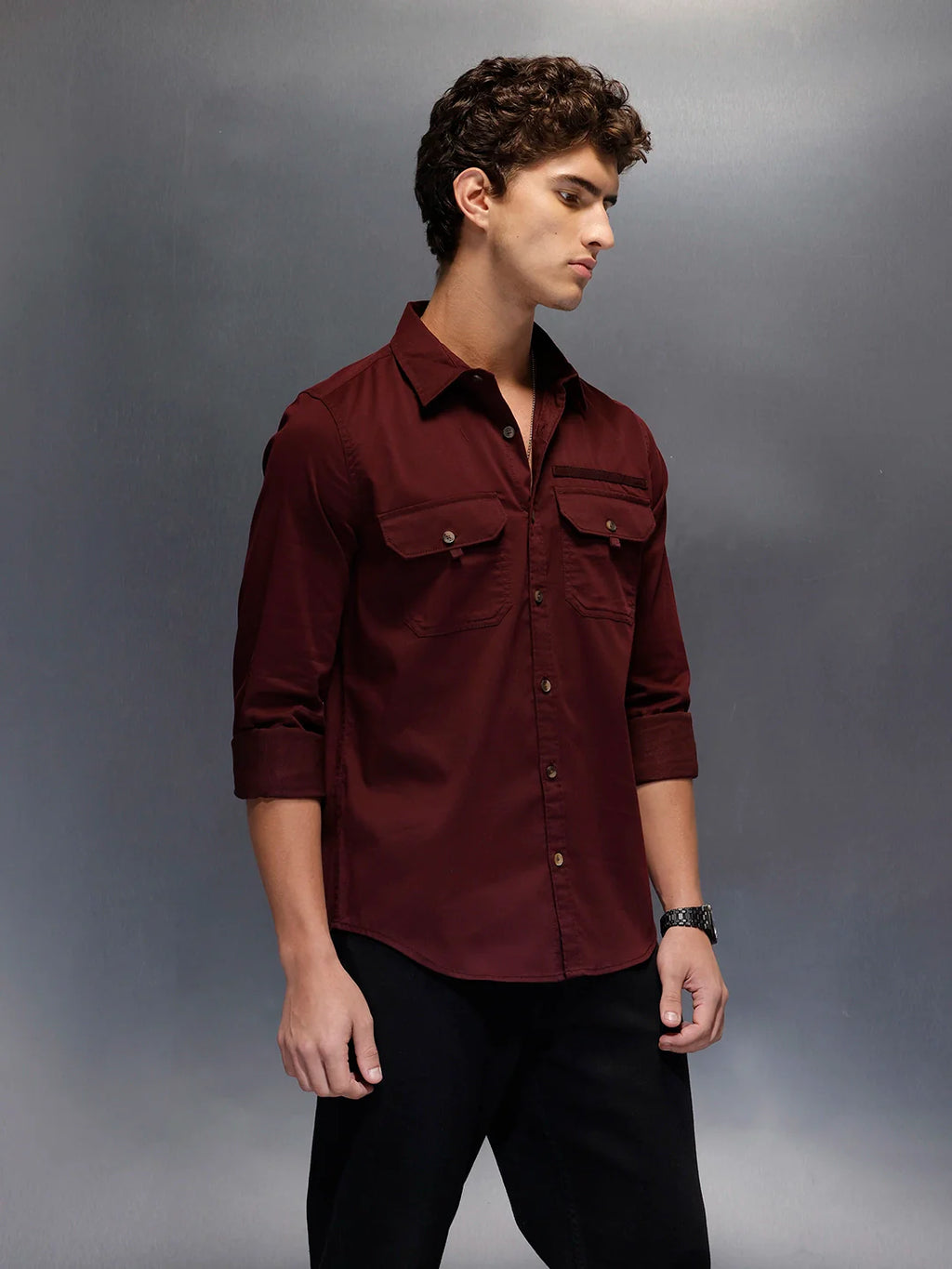 Men's Slim Fit Casual Shirt with Double Pocket  |  Wine