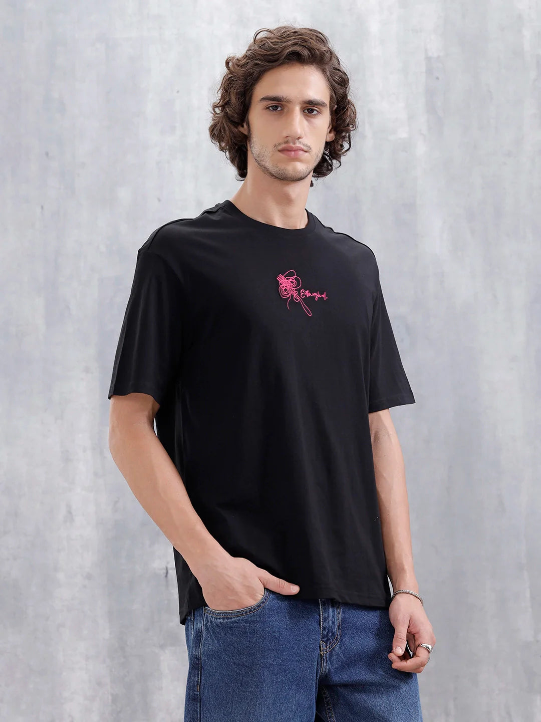 Men's Casual Embroidered Oversized Fit T-Shirt | Black