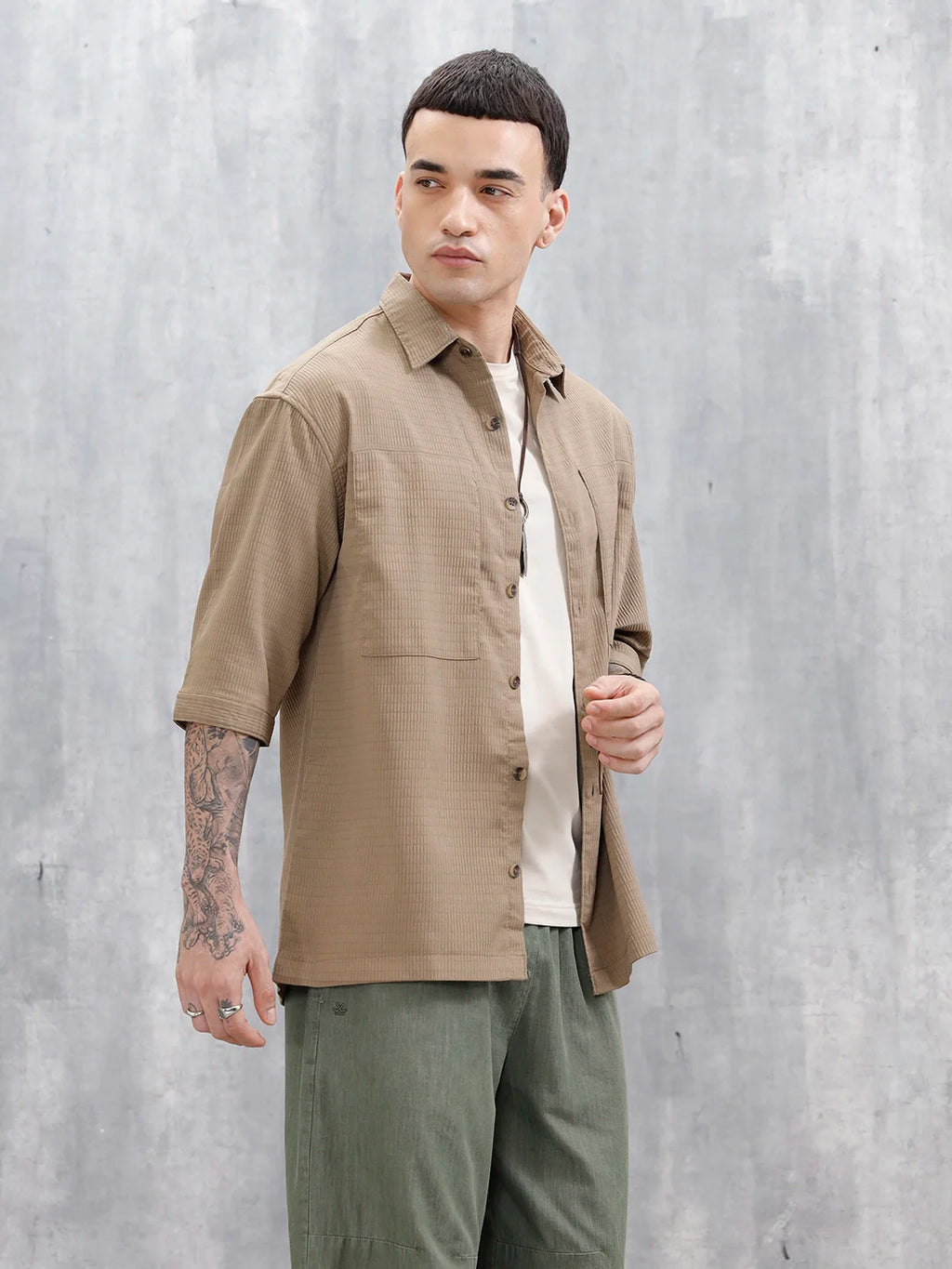 Wrogn Comfort Fit Self Textured Shirt | Khaki