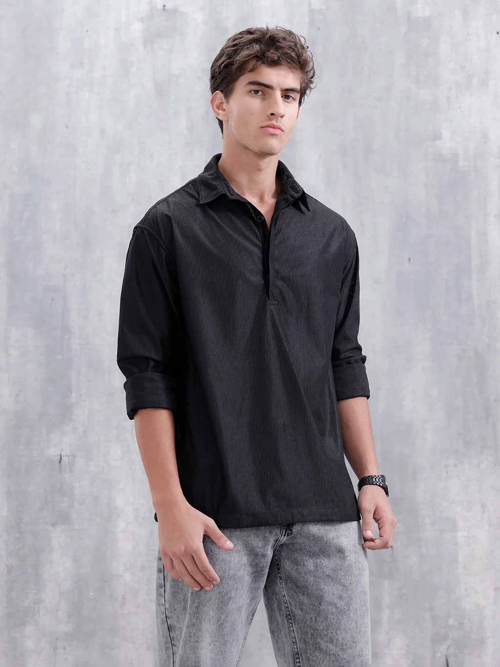 Textured Men Casual Oversized Fit Shirt | Black