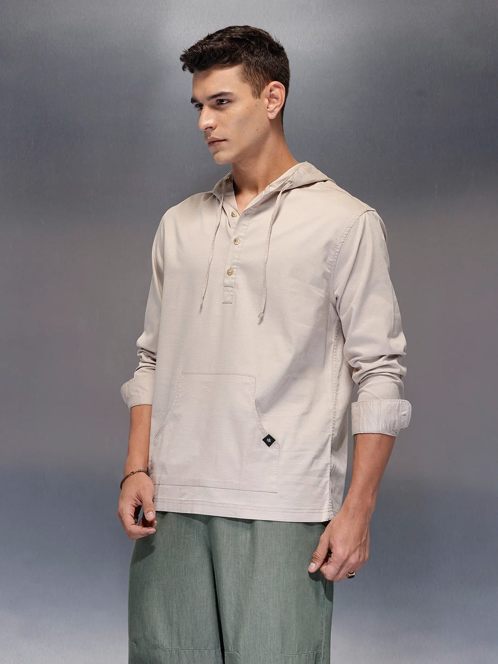 Men's casual hooded half-placket shirt with hood | Beige