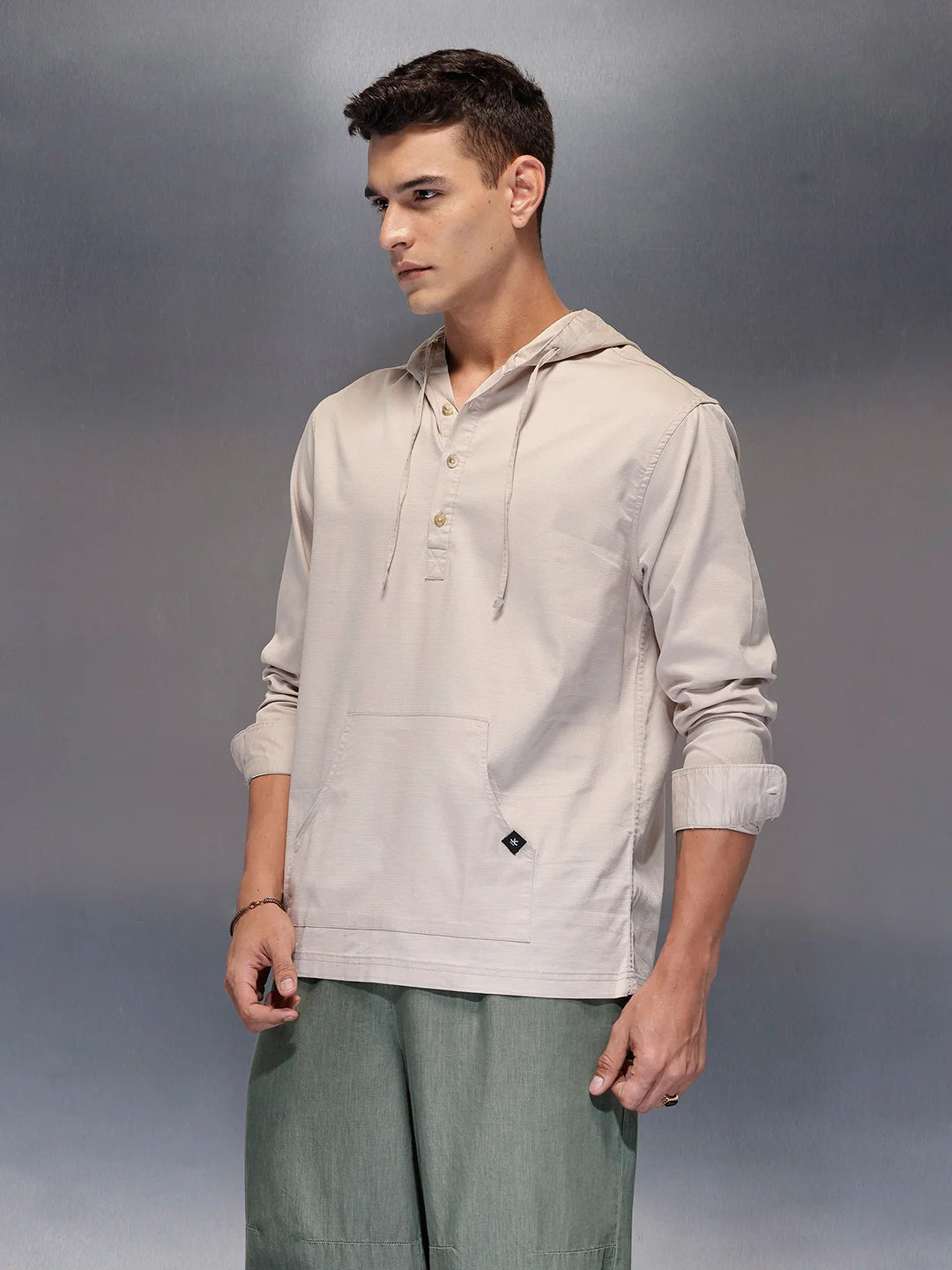 Men's casual hooded half-placket shirt with hood | Beige