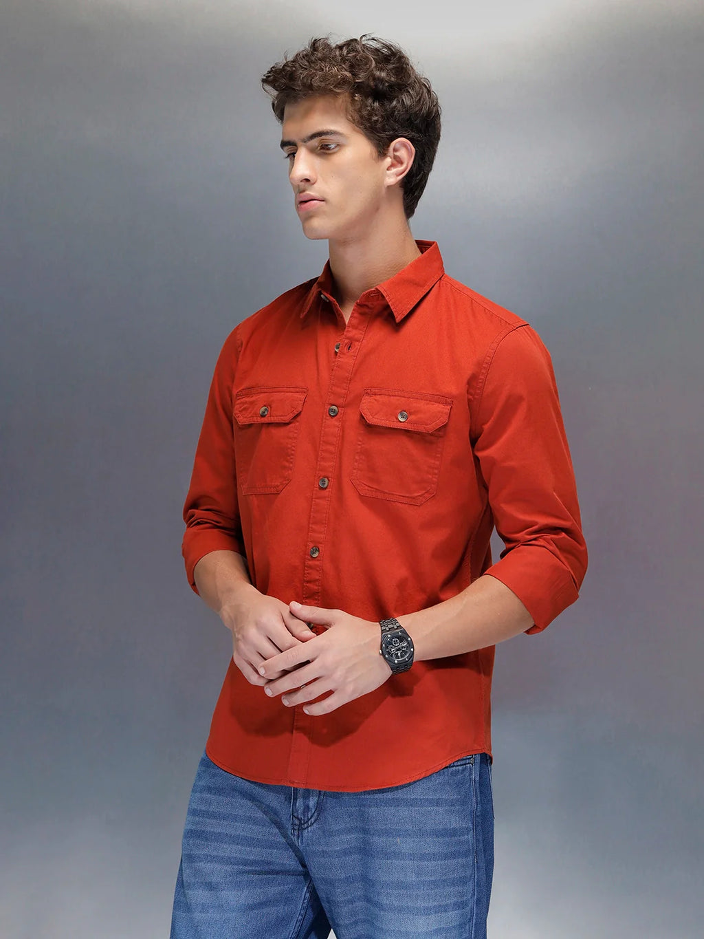 men's casual slim fit double pocket shirt | Rust