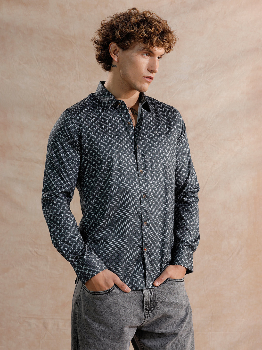 Printed Satin Slim Fit Shirt | Black