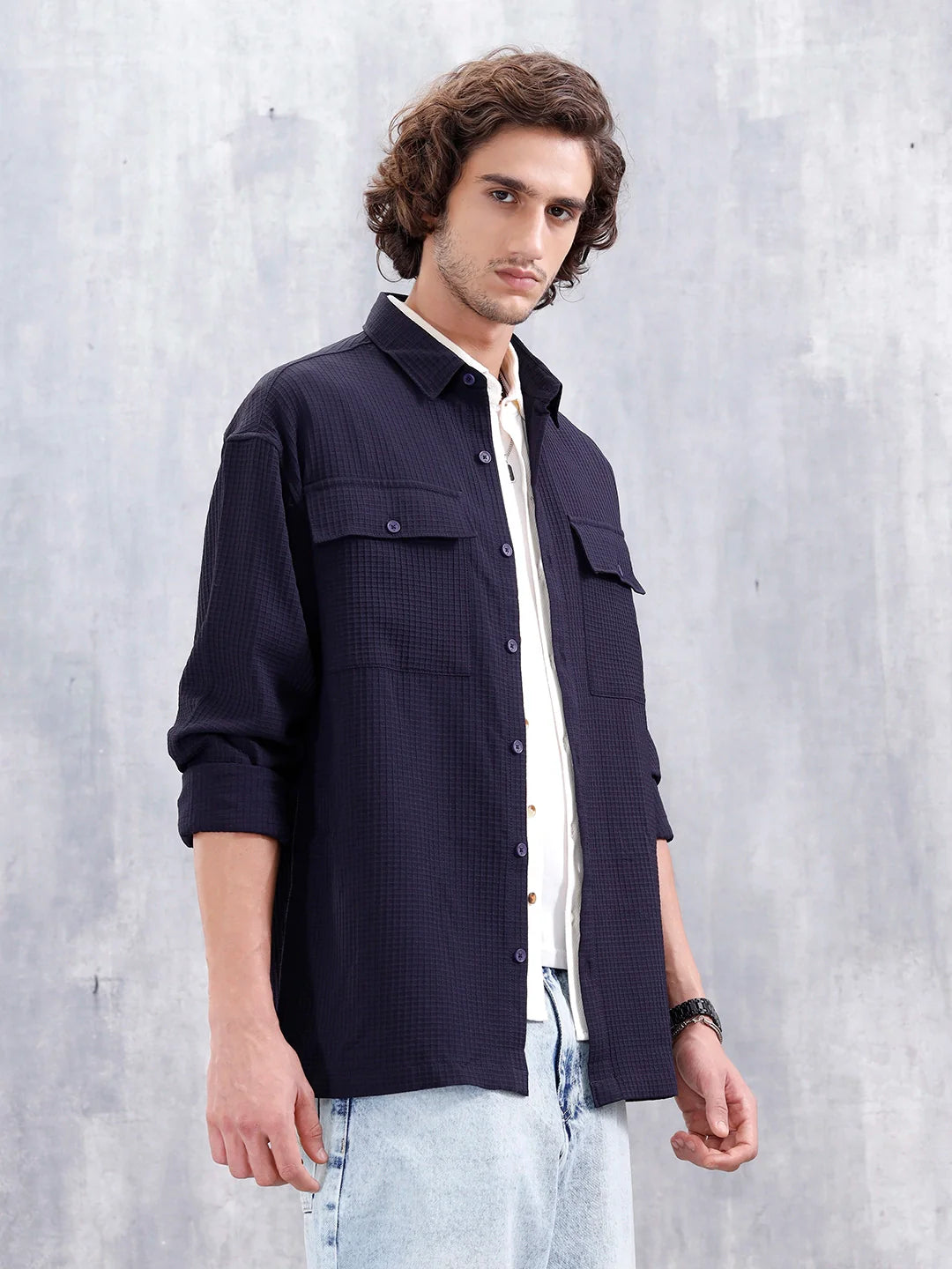 Men's Casual Solid Double Pocket Oversized Fit Shirt | Black